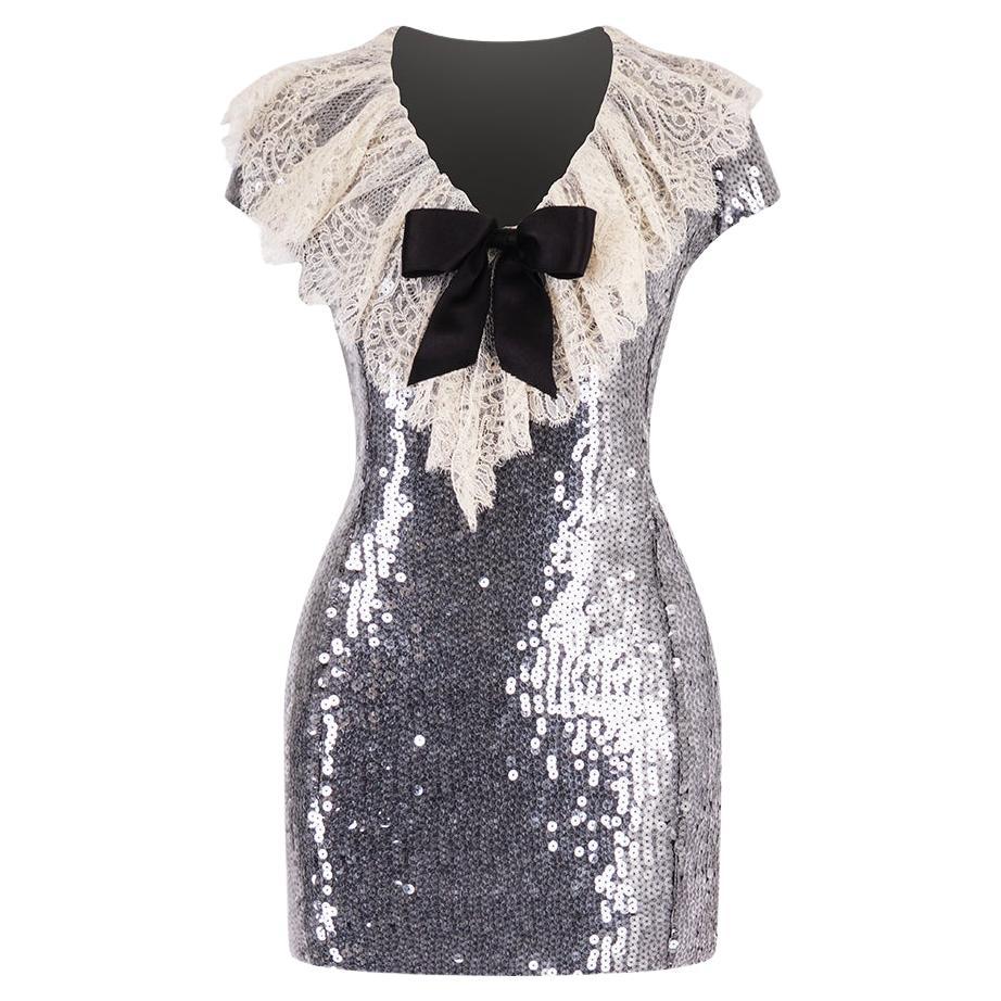 Chanel 1994 Grey Sequin Dress With Lace Collar For Sale