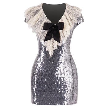 Chanel Gray Sequin Dress With Lace Collar, 1994
