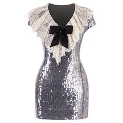 Chanel 1994 Grey Sequin Dress With Lace Collar