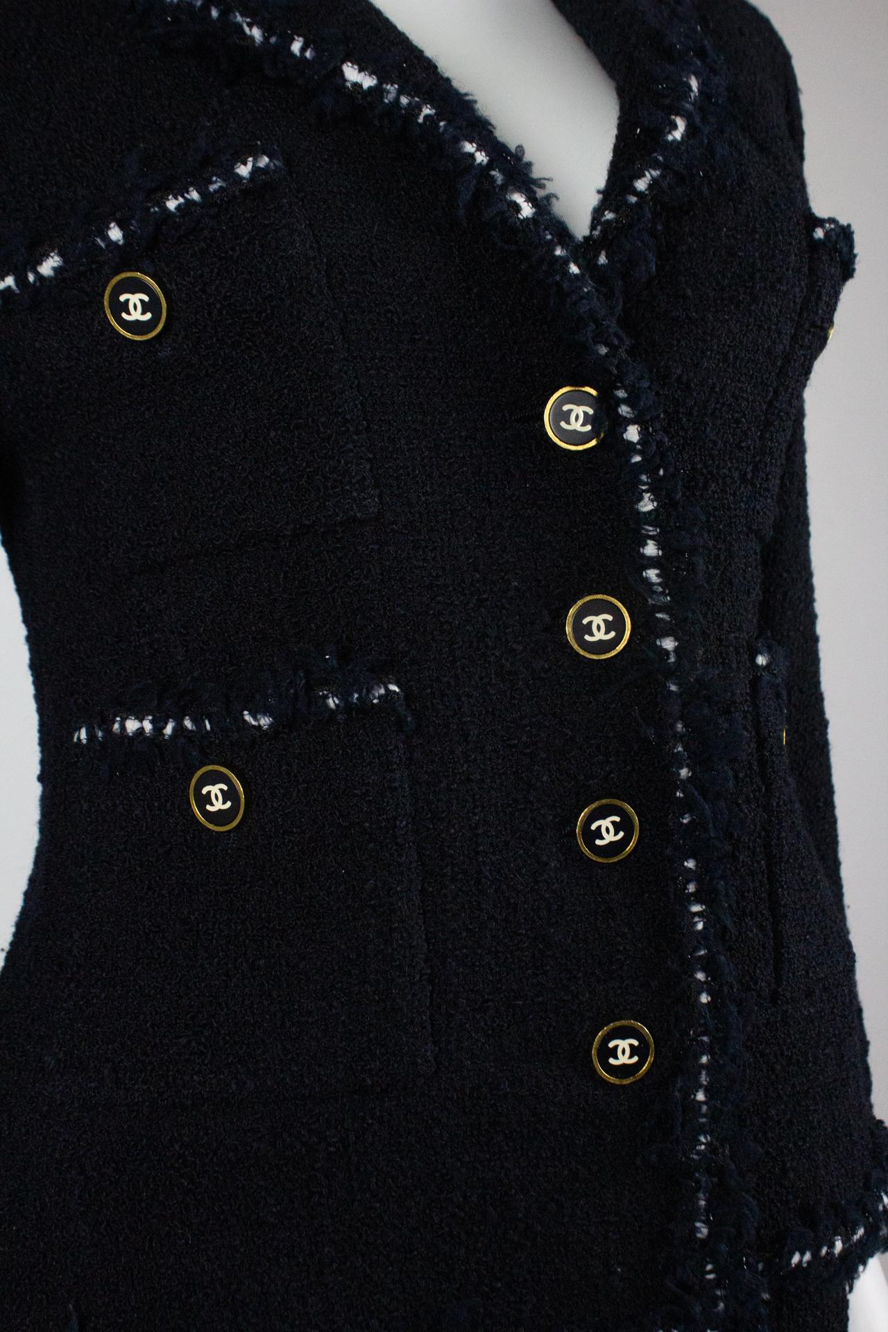 Chanel by Karl Lagerfeld Fall/Winter 1994 little black jacket and skirt. As seen on the runway and editorial campaign. Wool with CC logo buttons and silk lining.

Condition
Very good

Marked Size
Jacket: Size tag removed
Skirt: FR 42

Approximate