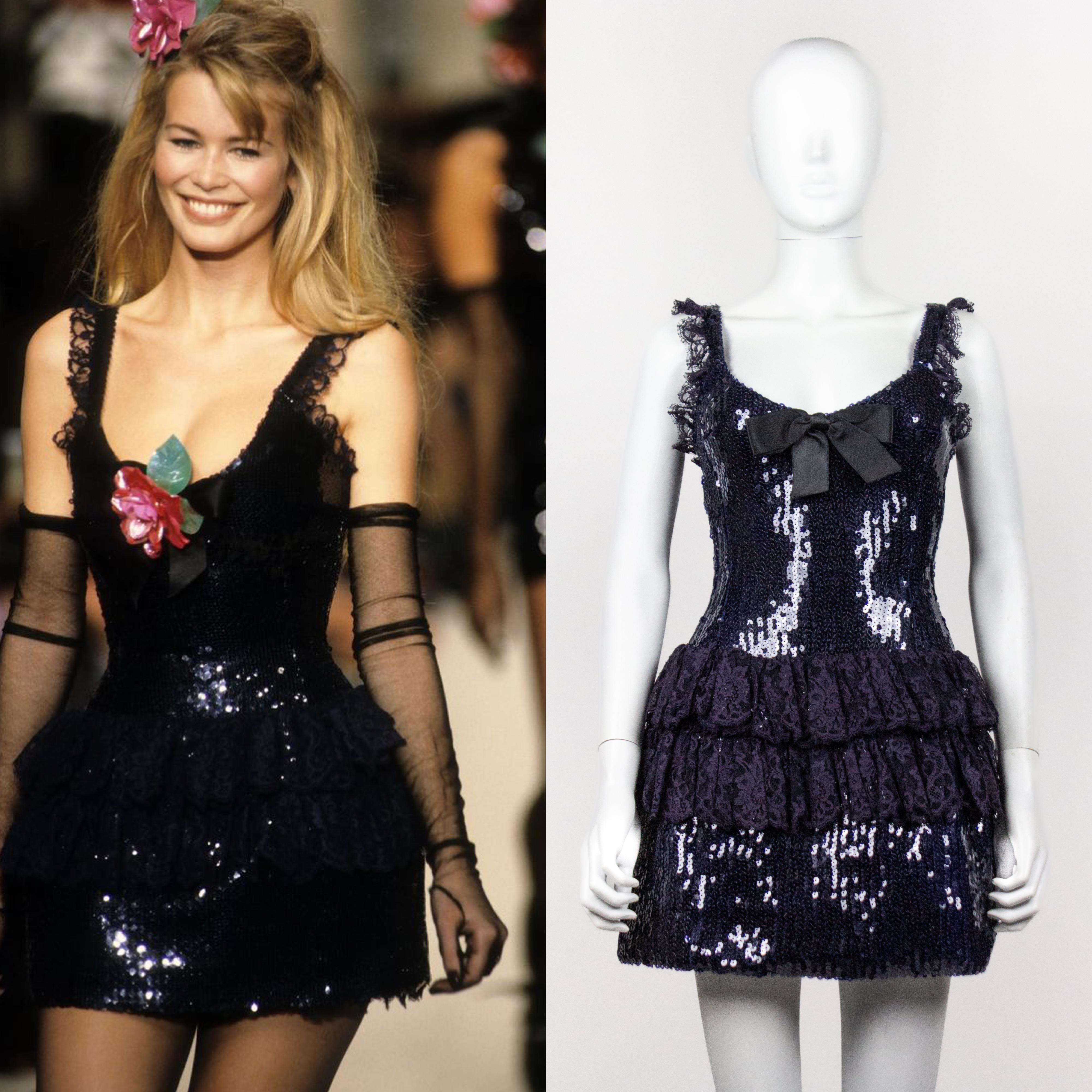 Chanel dark navy sequin mini dress with bow, from the Fall/Winter 1994 collection designed by Karl Lagerfeld. As seen on Claudia Schiffer on the runway.

Condition
Excellent

Marked Size
FR 36
Fits like an XXS. Will be best suited to somebody very