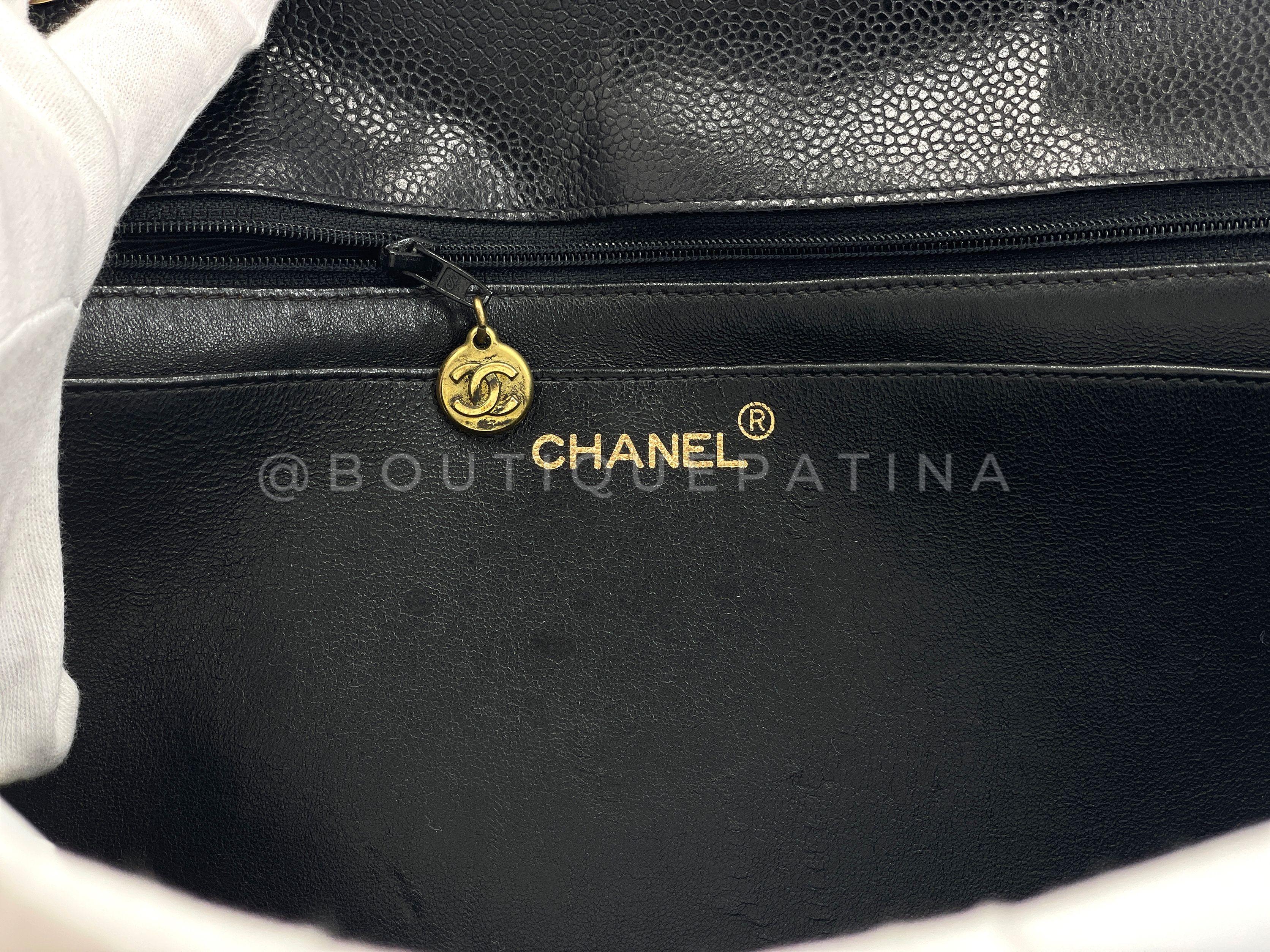 Chanel 1994 Vintage Black Caviar Chevron Maxi XL Classic Flap Bag 24k GHW 66750 For Sale 7