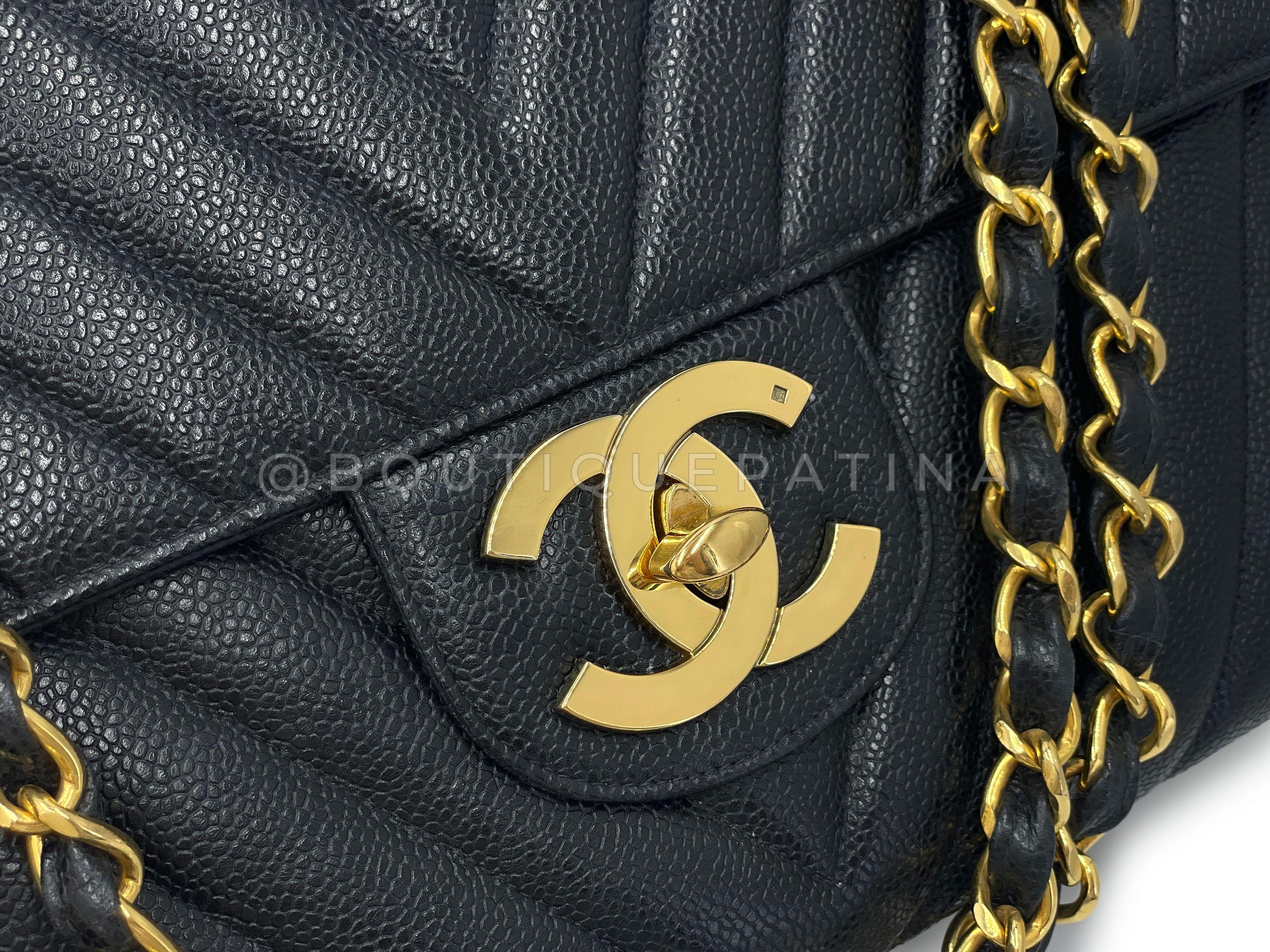 Chanel 1994 Vintage Black Caviar Chevron Maxi XL Classic Flap Bag 24k GHW 66750 For Sale 4