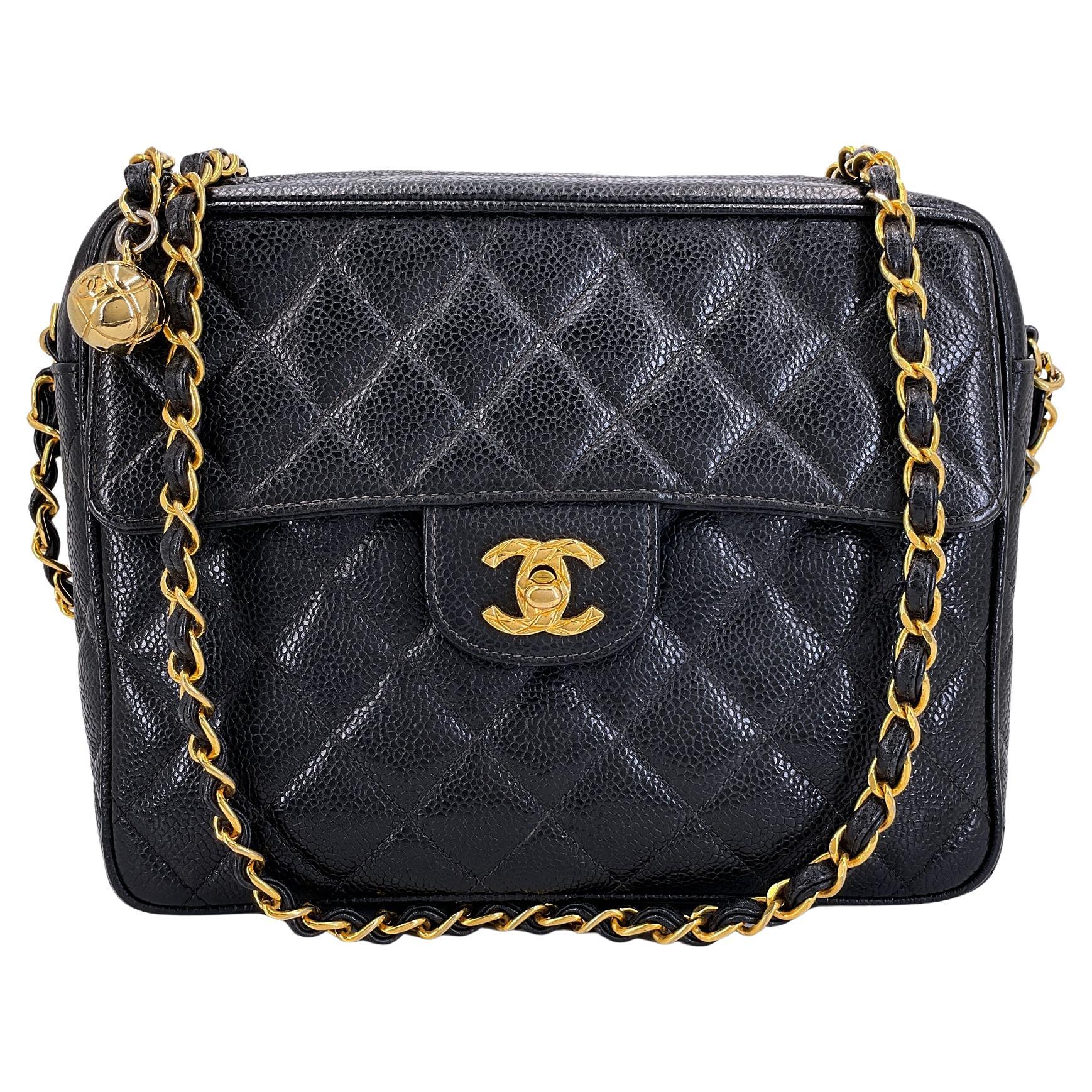 Chanel 1994 Vintage Black Caviar Classic Flap Camera Case Bag 24k GHW 68611 For Sale