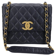 Chanel 1994 Vintage Black Caviar Tall Square Crossbody Flap Bag 24k GHW 68096