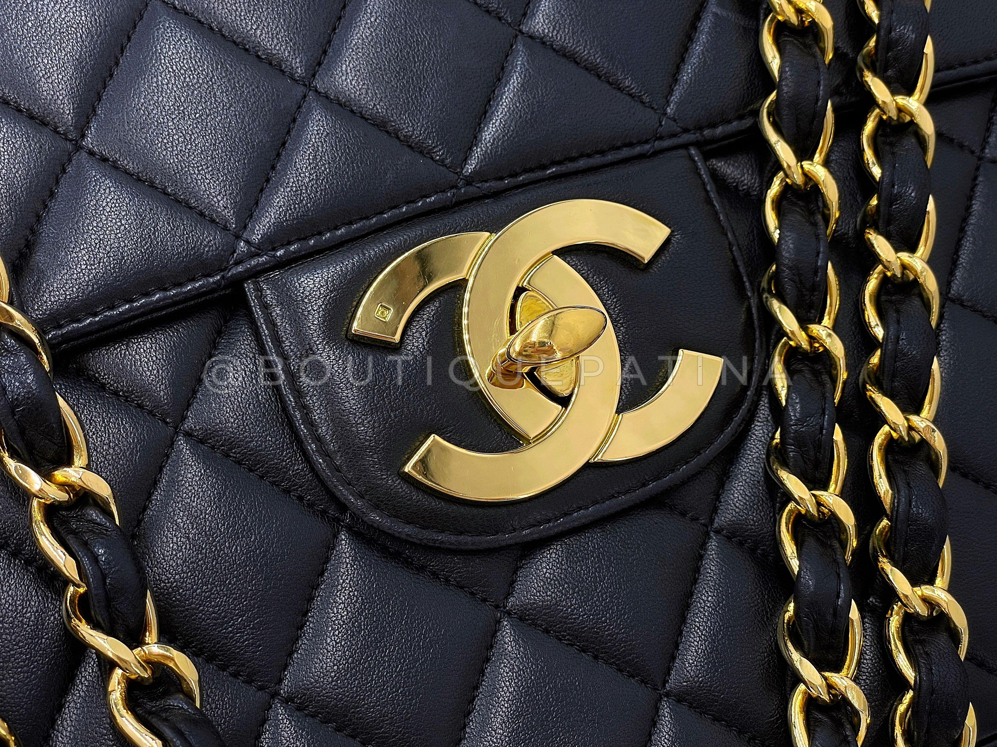 Chanel 1994 Vintage Black Jumbo Classic Flap Bag 24k GHW Lambskin 67053 For Sale 4