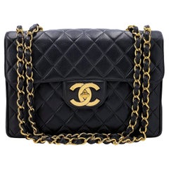Chanel 1994 Vintage Black Jumbo Classic Flap Bag 24k GHW Lambskin 67053