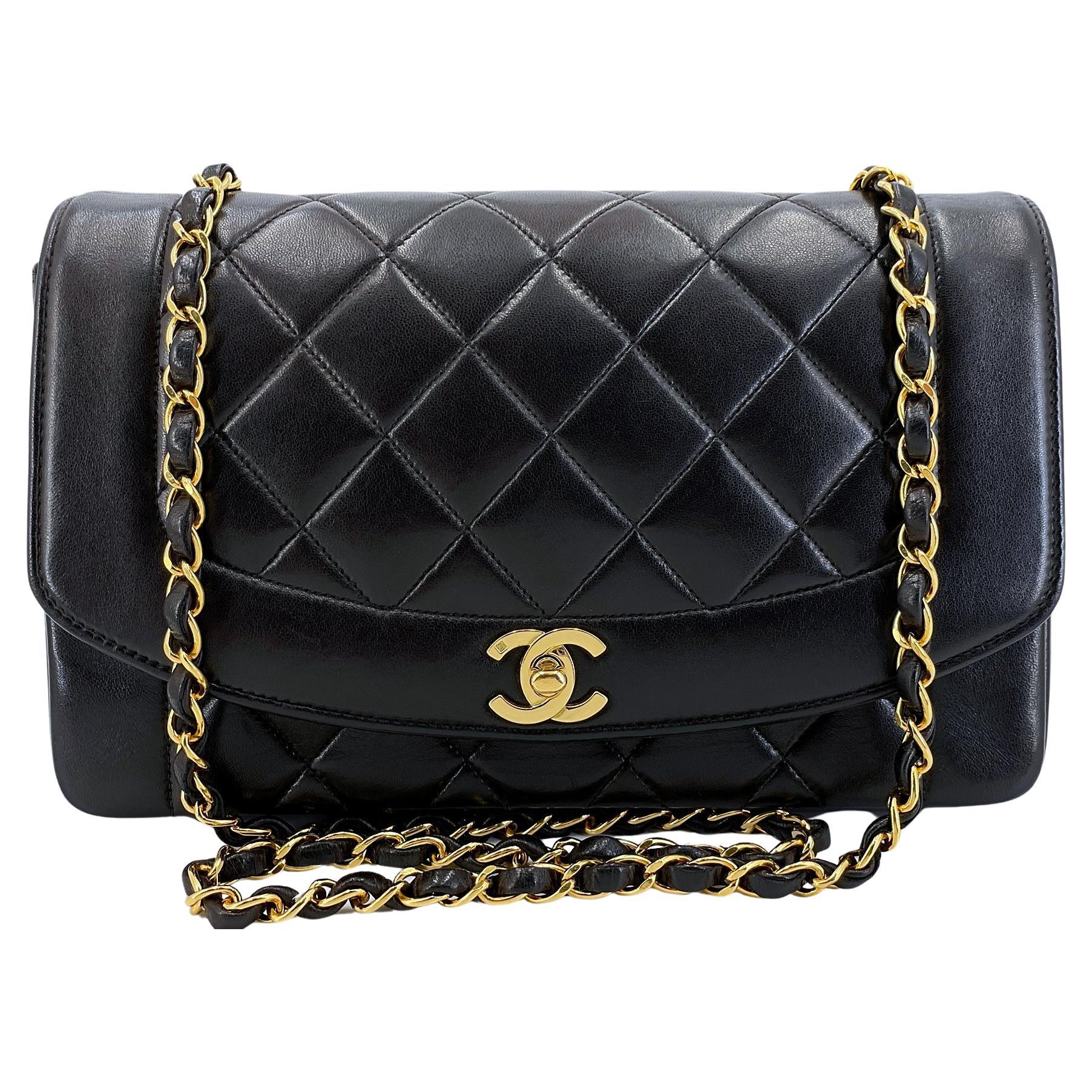 Chanel 1994 Vintage Black Lambskin Medium Diana Flap Bag 24k GHW 64411 For Sale
