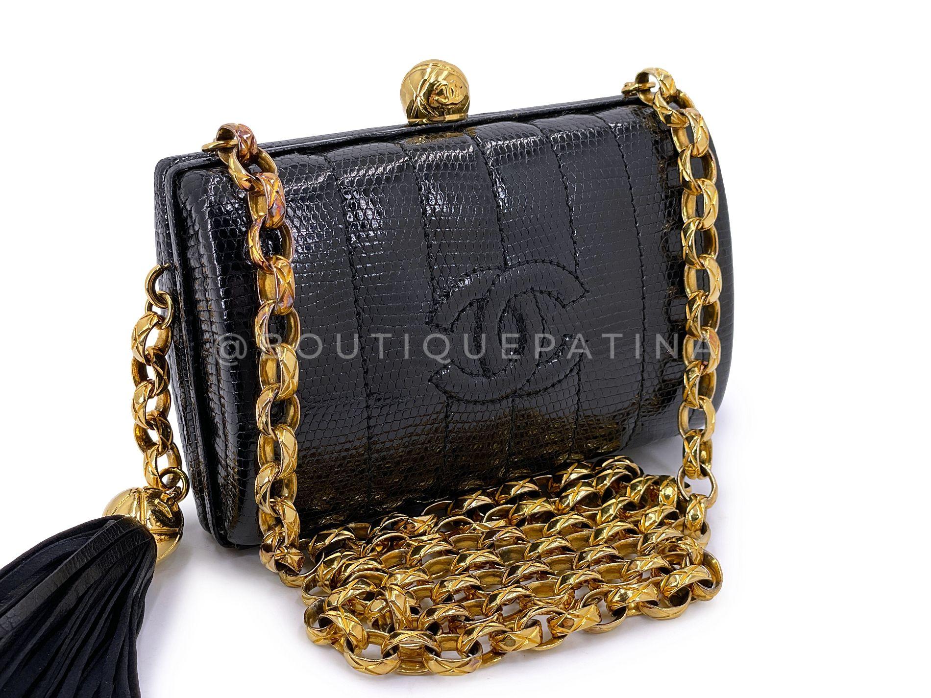 Noir Chanel 1994 Vintage Chaîne en lézard noir Rolo Evening Clutch Bag 24k GHW 68569 en vente