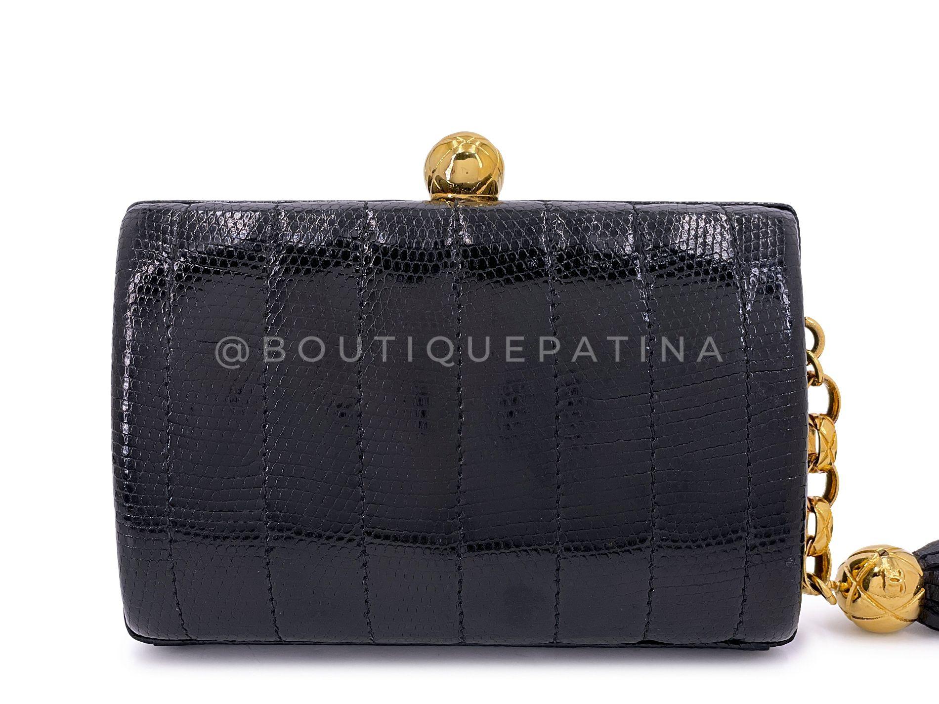 Chanel 1994 Vintage Chaîne en lézard noir Rolo Evening Clutch Bag 24k GHW 68569 en vente 1