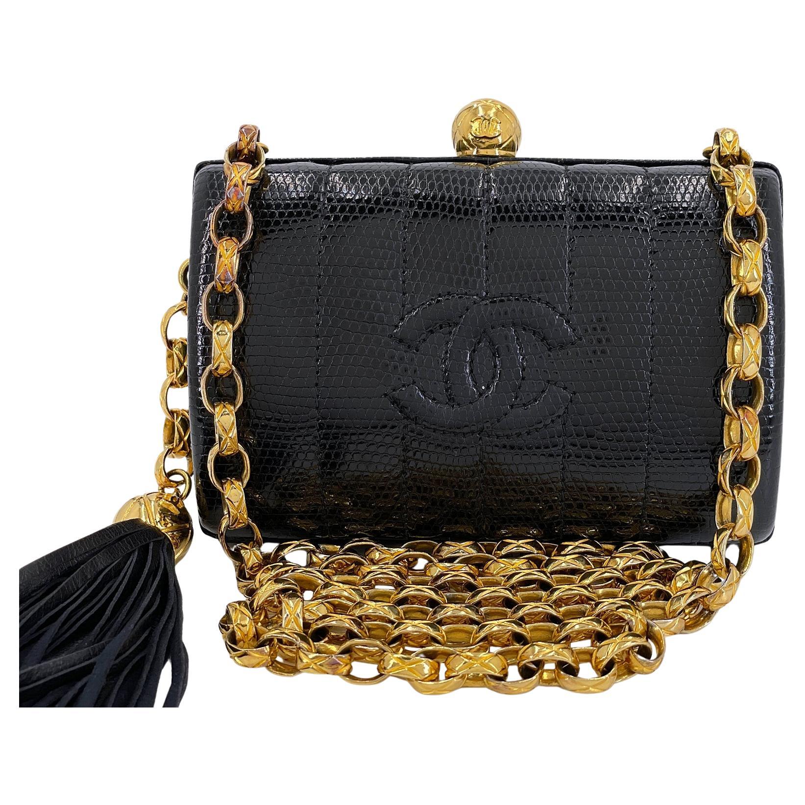 Chanel 1994 Vintage schwarz Eidechse Rolo Kette Abend Clutch Bag 24k GHW 68569