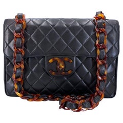 Chanel 1994 Vintage Black Tortoise Jumbo Classic Flap Bag Lambskin 68260