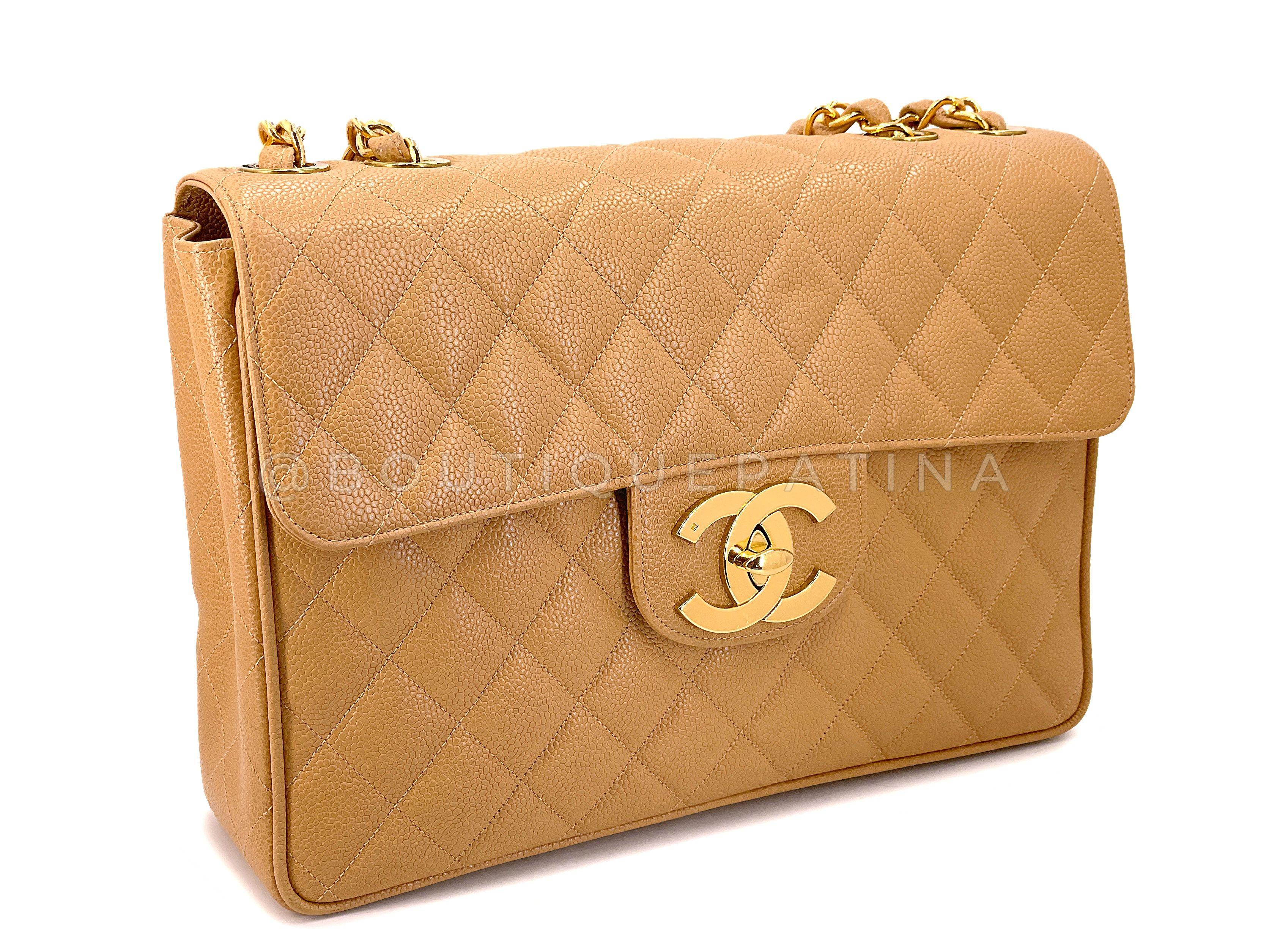 Chanel 1994 Vintage Caramel Beige Caviar Jumbo Classic Flap Bag 24k GHW 67741 In Excellent Condition For Sale In Costa Mesa, CA