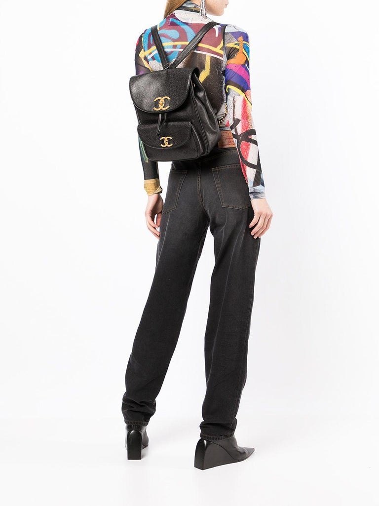 RARE Chanel 1990s Vintage Caviar Black Leather Double Pocket Duma Backpack Bag Chanel Vintage Caviar Leather Backpack – 1995 Crafted from  main image 4