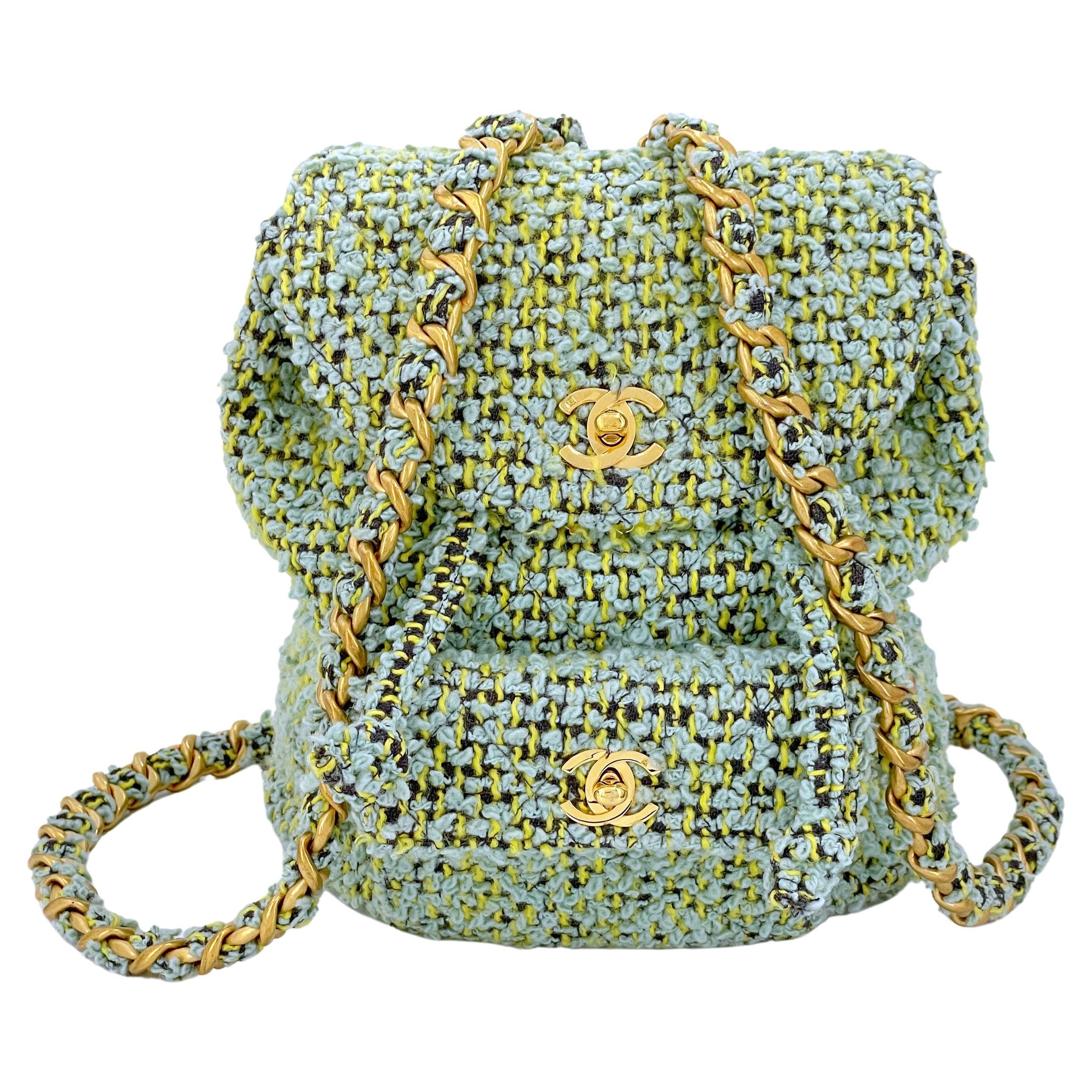 Chanel 1994 Vintage Green Tweed Duma Backpack Bag 66337 For Sale
