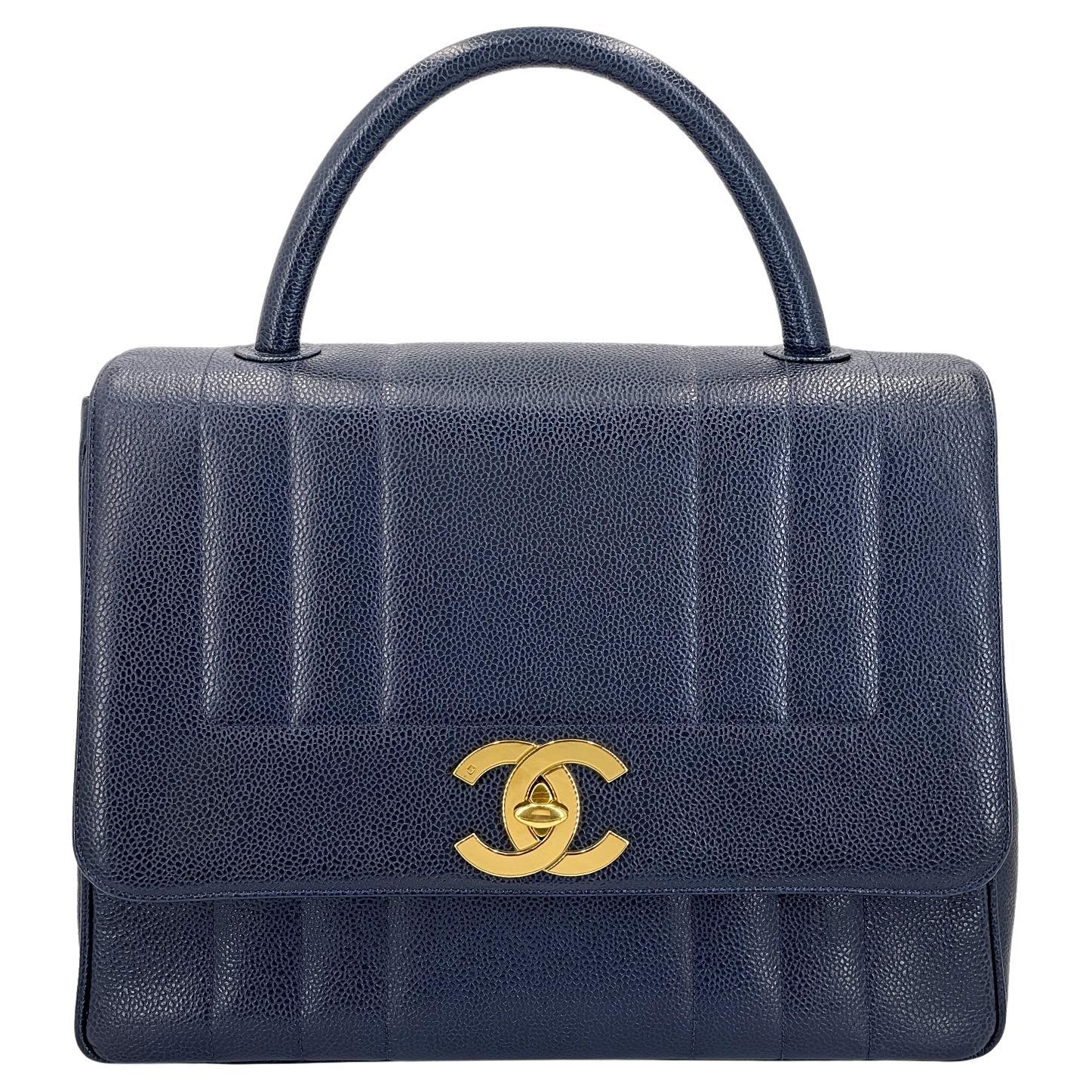 Chanel 1994 Vintage Navy Caviar Jumbo CC Mademoiselle Kelly Bag 24k GHW 68950