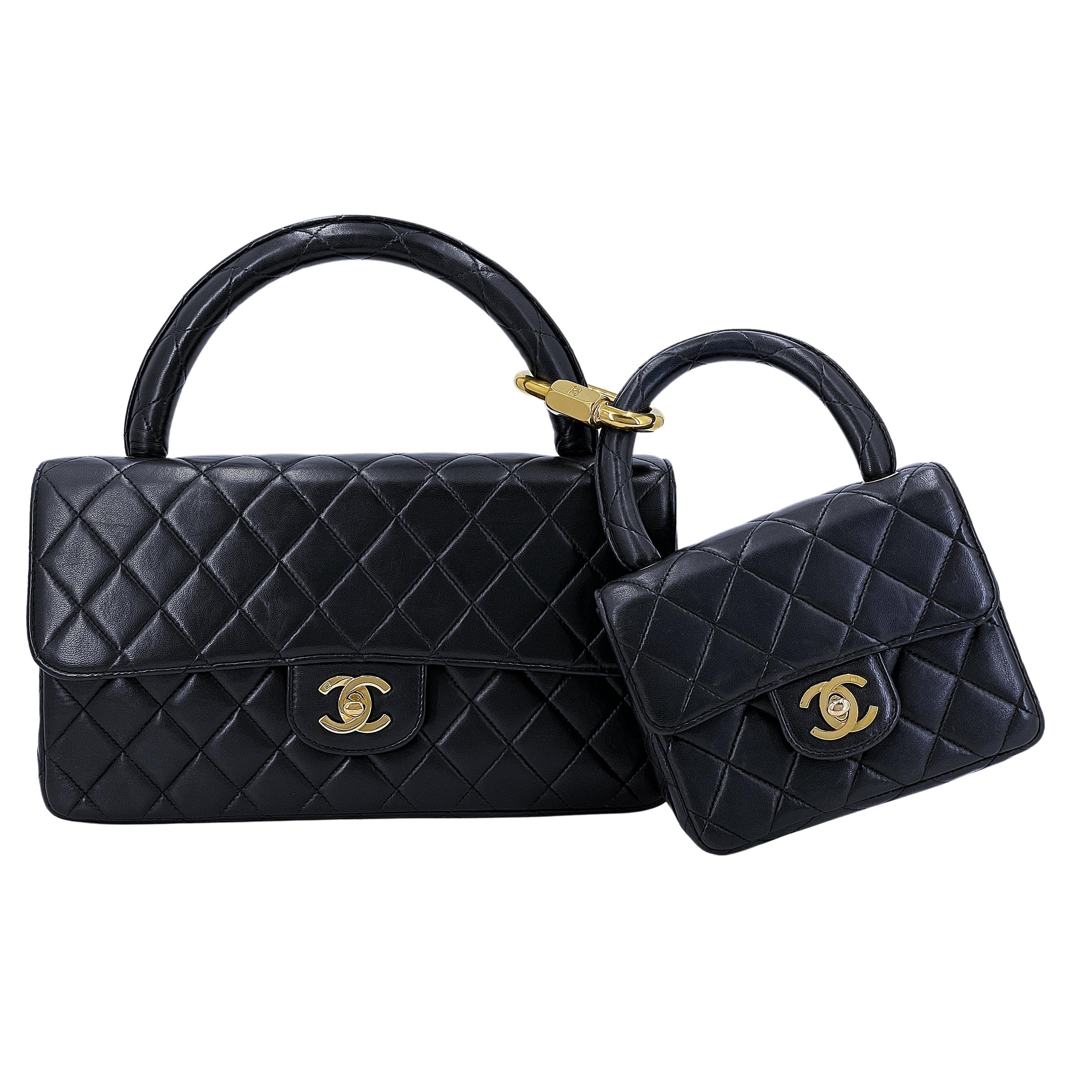 Chanel 1994 Vintage Parent Child Bag Kelly Flap Set Black 24k GHW 66669 For Sale