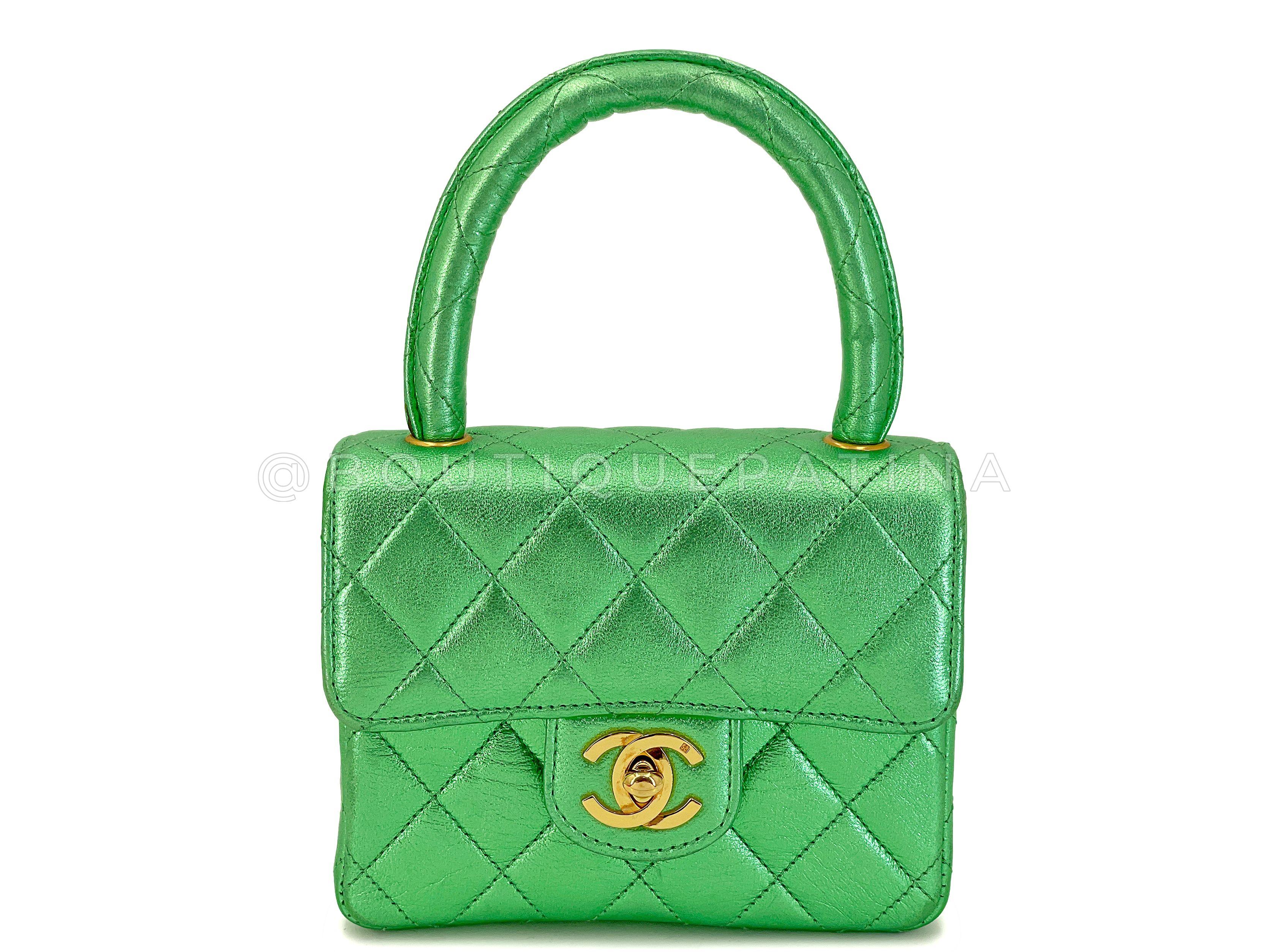 Chanel 1994 Vintage Parent Child Bag Kelly Flap Set Metallic Green 24k GHW 67742 For Sale 10