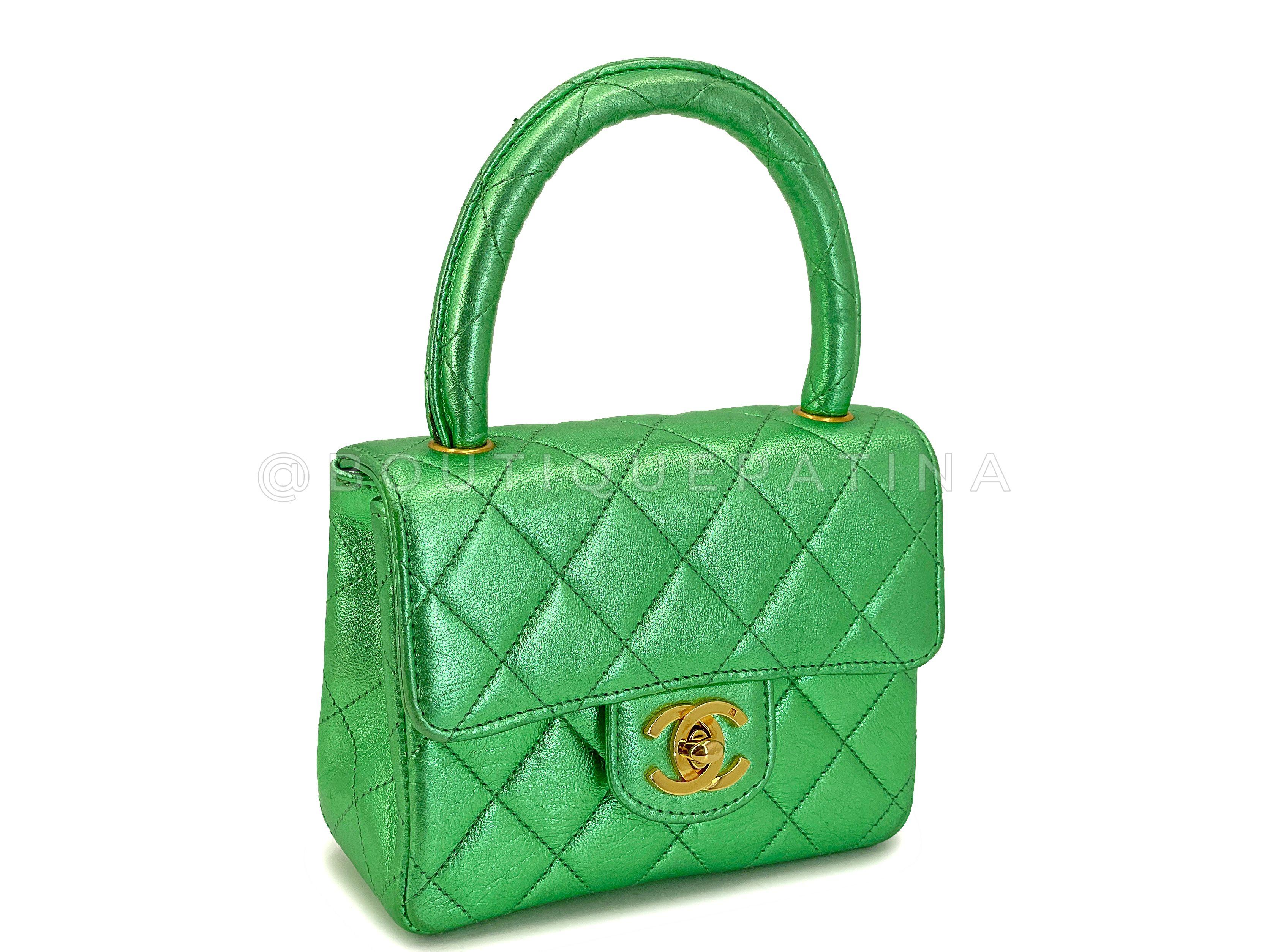 Chanel 1994 Vintage Parent Child Bag Kelly Flap Set Metallic Green 24k GHW 67742 For Sale 11