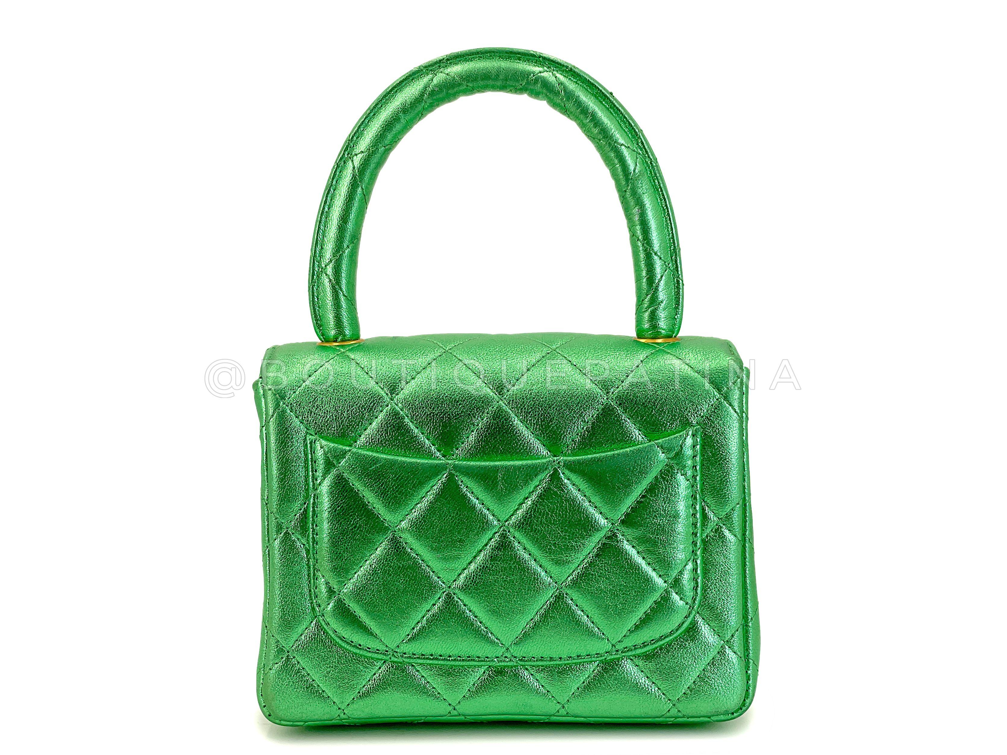 Chanel 1994 Vintage Parent Child Bag Kelly Flap Set Metallic Green 24k GHW 67742 For Sale 16