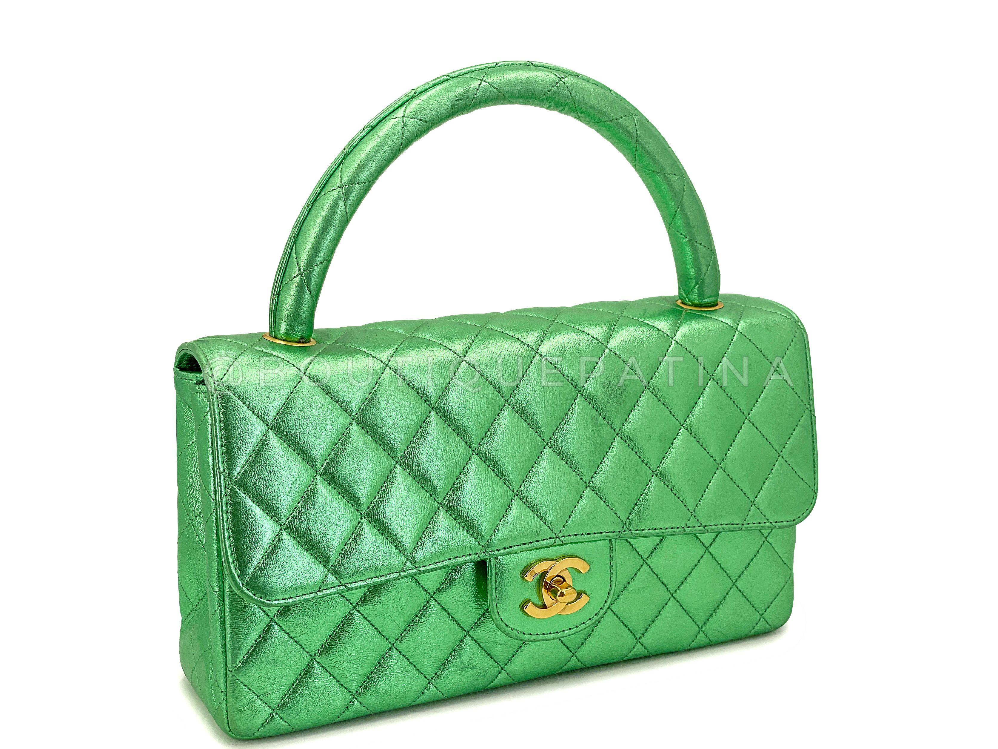 Chanel 1994 Vintage Parent Child Bag Kelly Flap Set Metallic Green 24k GHW 67742 In Excellent Condition For Sale In Costa Mesa, CA