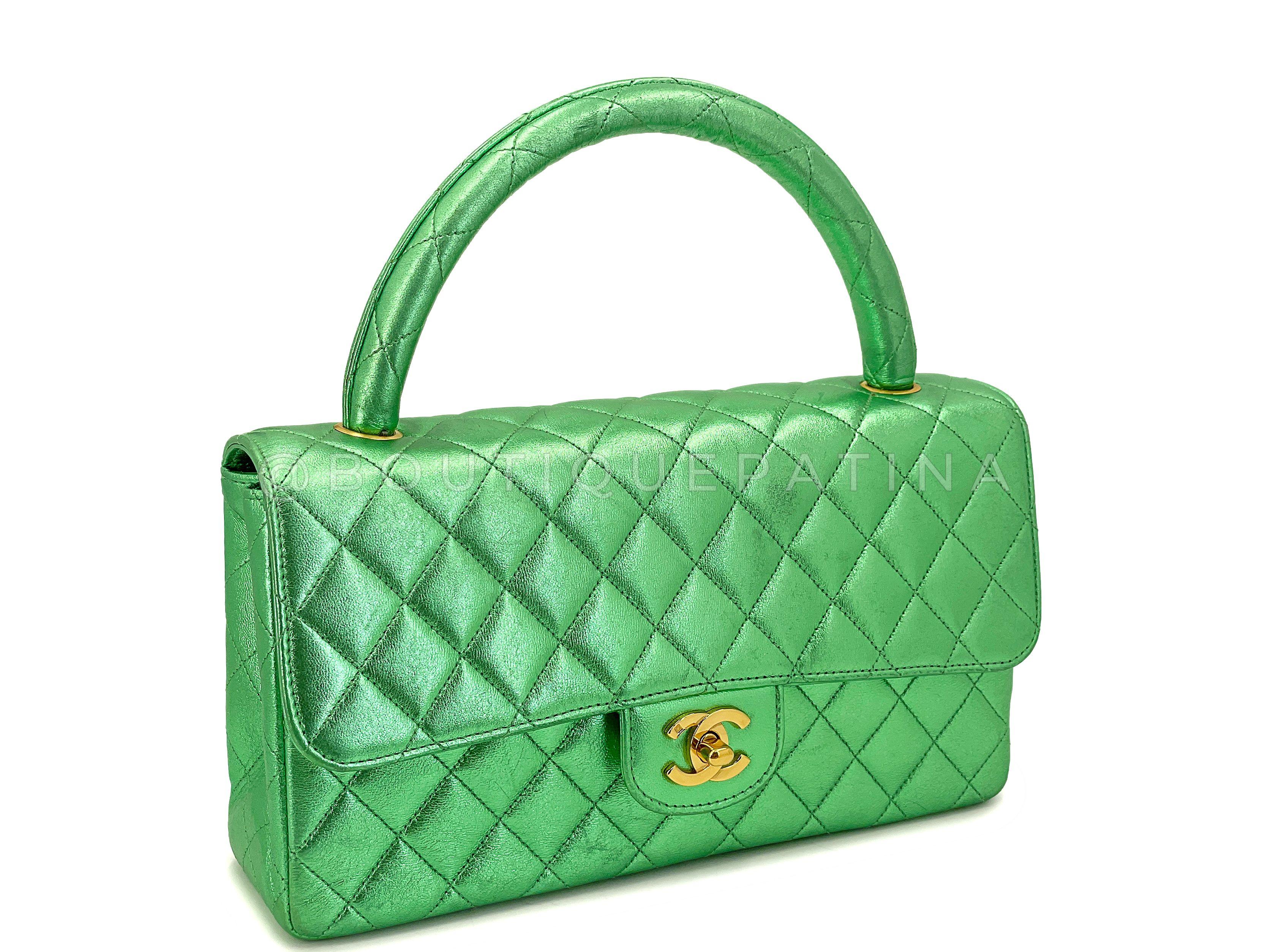 Vert Chanel 1994 Vintage Parent Child Bag Kelly Flap Set Metallic Green 24k GHW 67742 en vente