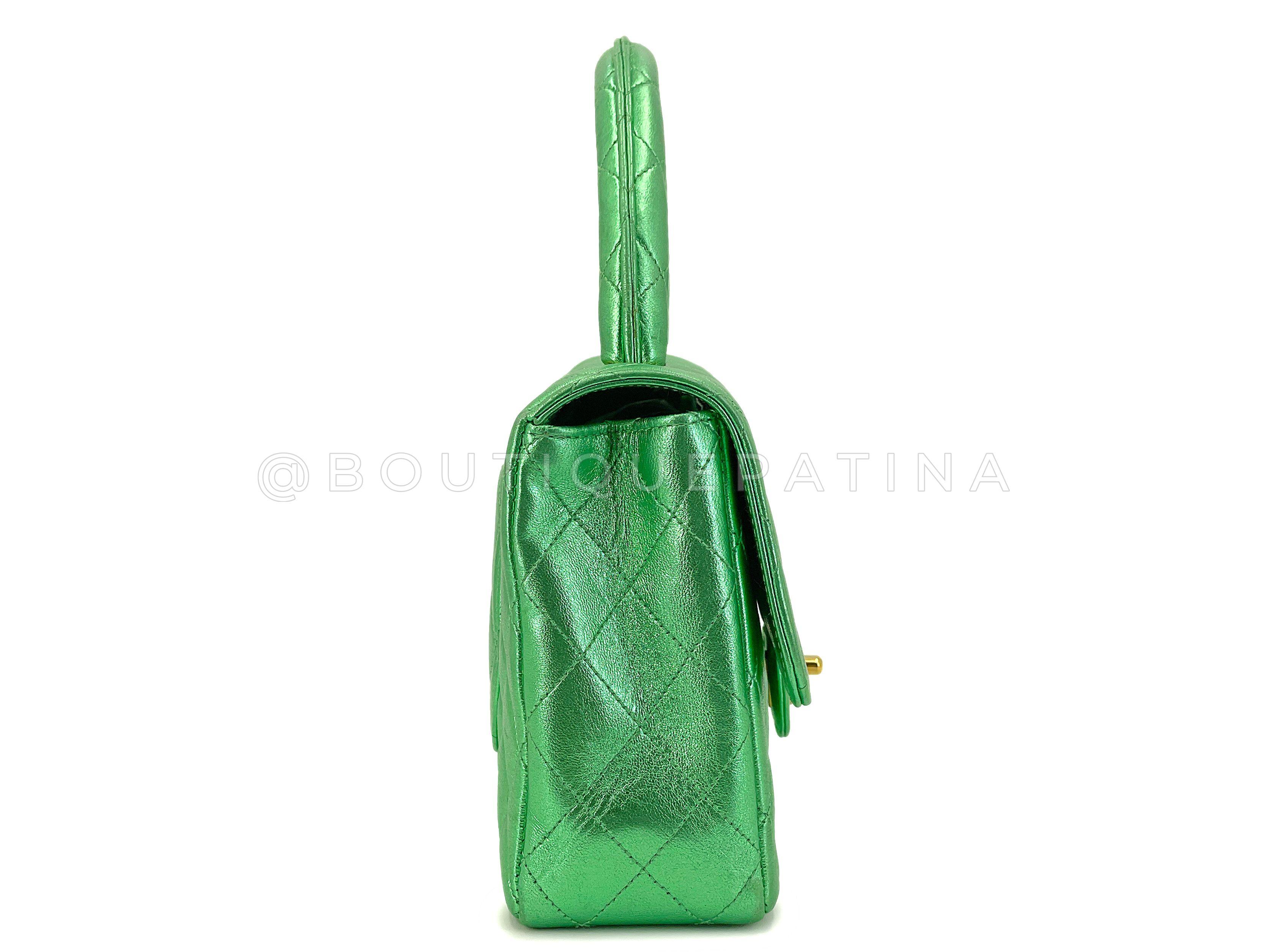 Chanel 1994 Vintage Parent Child Bag Kelly Flap Set Metallic Green 24k GHW 67742 Excellent état - En vente à Costa Mesa, CA