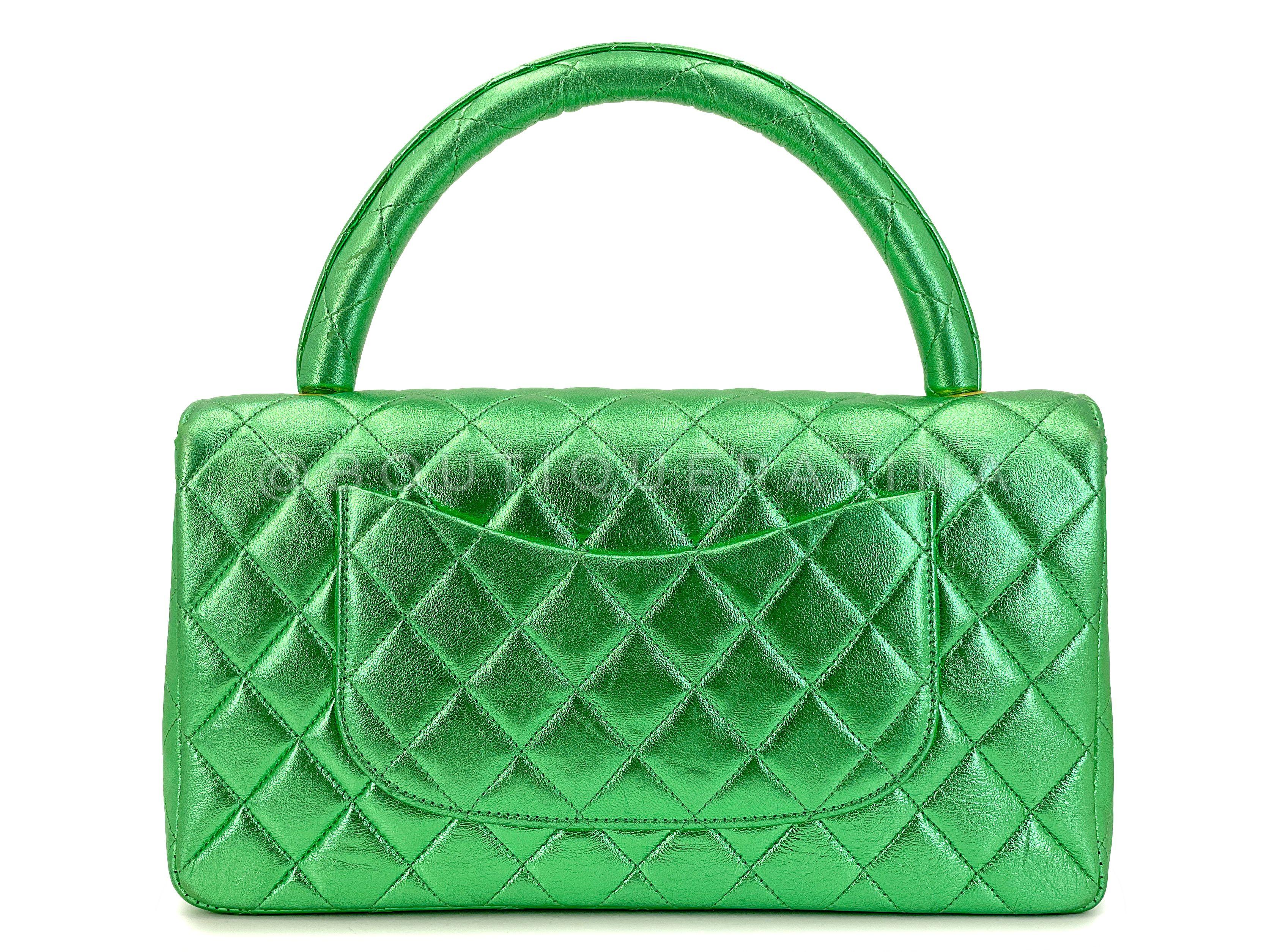 Chanel 1994 Vintage Parent Child Bag Kelly Flap Set Metallic Green 24k GHW 67742 Pour femmes en vente