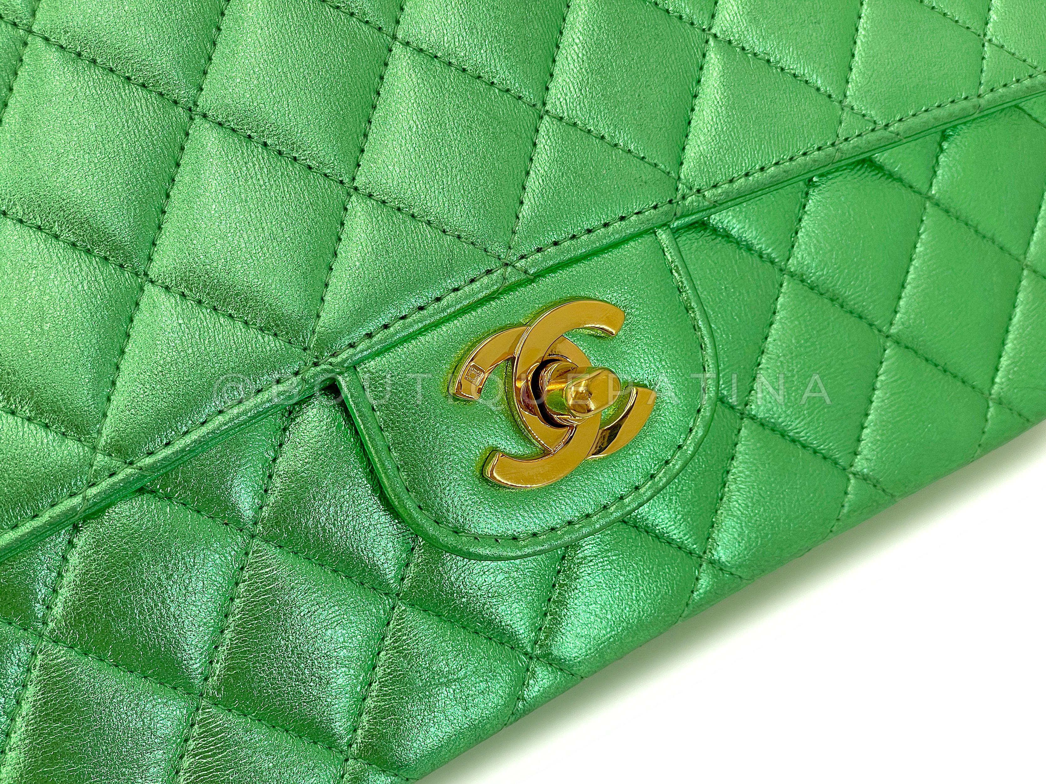 Chanel 1994 Vintage Parent Child Bag Kelly Flap Set Metallic Green 24k GHW 67742 For Sale 4
