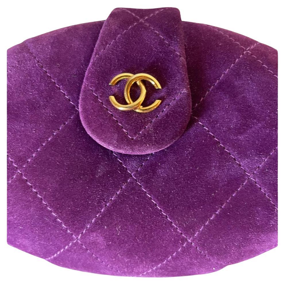 Chanel Rare 1994 Vintage Purple Suede Quilted Gold CC Tassel Minaudière Clutch In Excellent Condition For Sale In Miami, FL