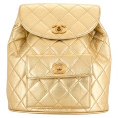Chanel 1994 Vintage Rare Metallic Gold Quilted Lambskin Duma CC Logo Backpack