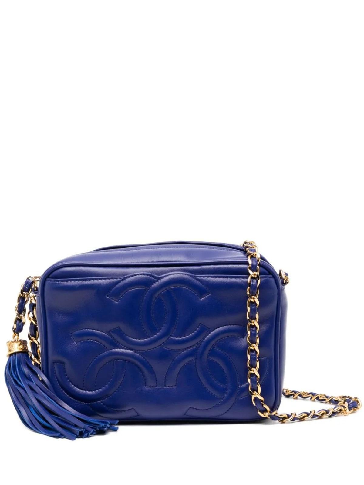 Chanel 1994 Vintage Rare Royal Blue Lambskin Triple CC Mini Tassel Camera Bag In Excellent Condition For Sale In Miami, FL