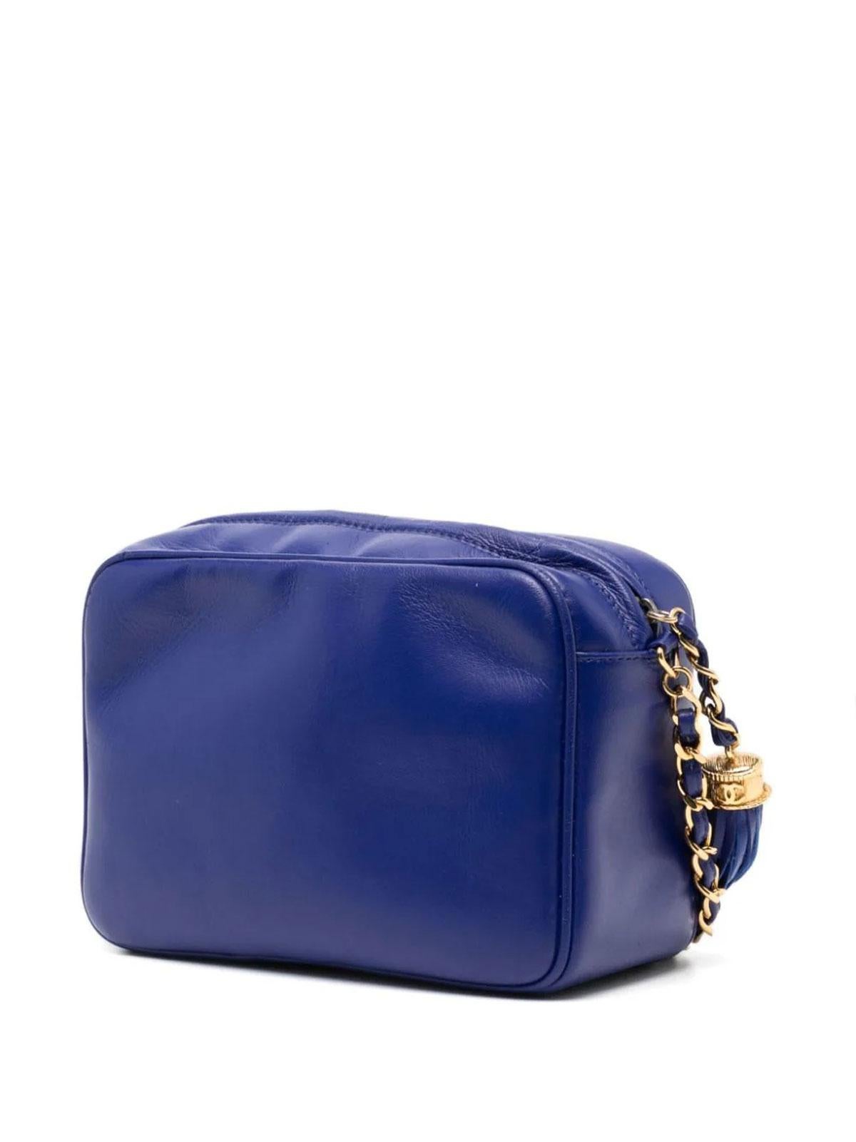 Women's Chanel 1994 Vintage Rare Royal Blue Lambskin Triple CC Mini Tassel Camera Bag For Sale