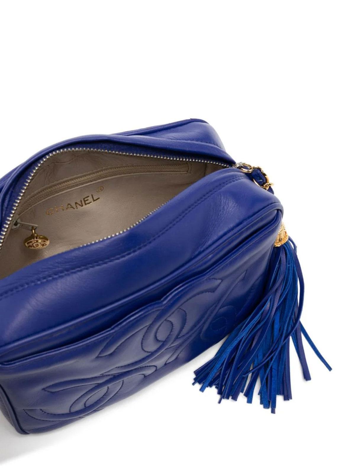 Chanel 1994 Vintage Rare Royal Blue Lambskin Triple CC Mini Tassel Camera Bag For Sale 2