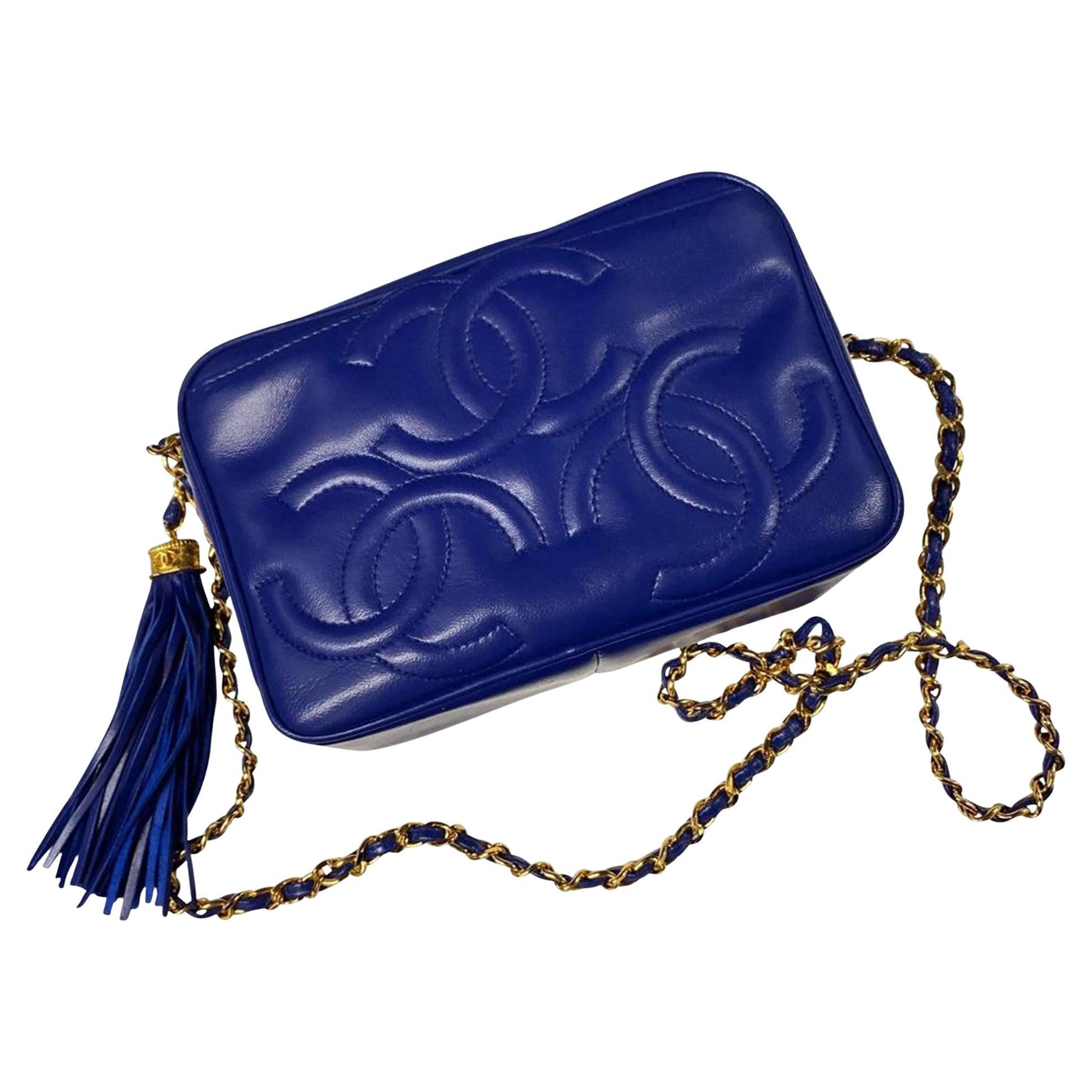 Chanel 1994 Vintage Rare Royal Blue Lambskin Triple CC Mini Tassel Camera Bag