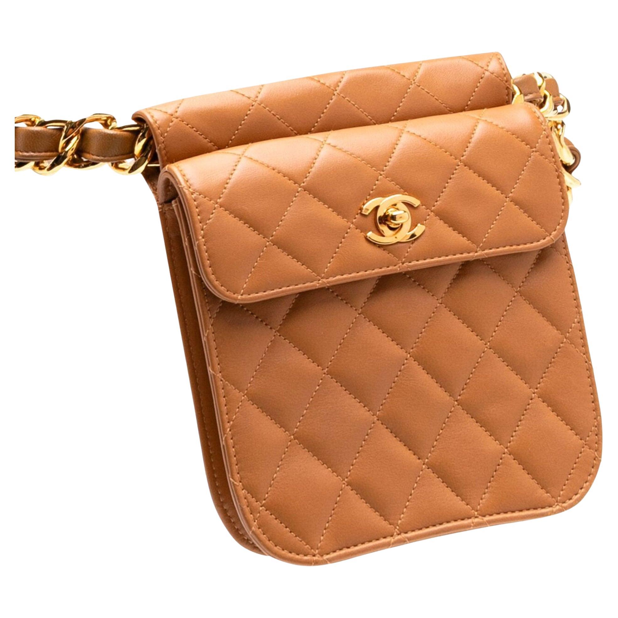 Chanel 1994 Vintage Beige Light Brown Quilted Runway Waist Fanny Pack Belt Bag