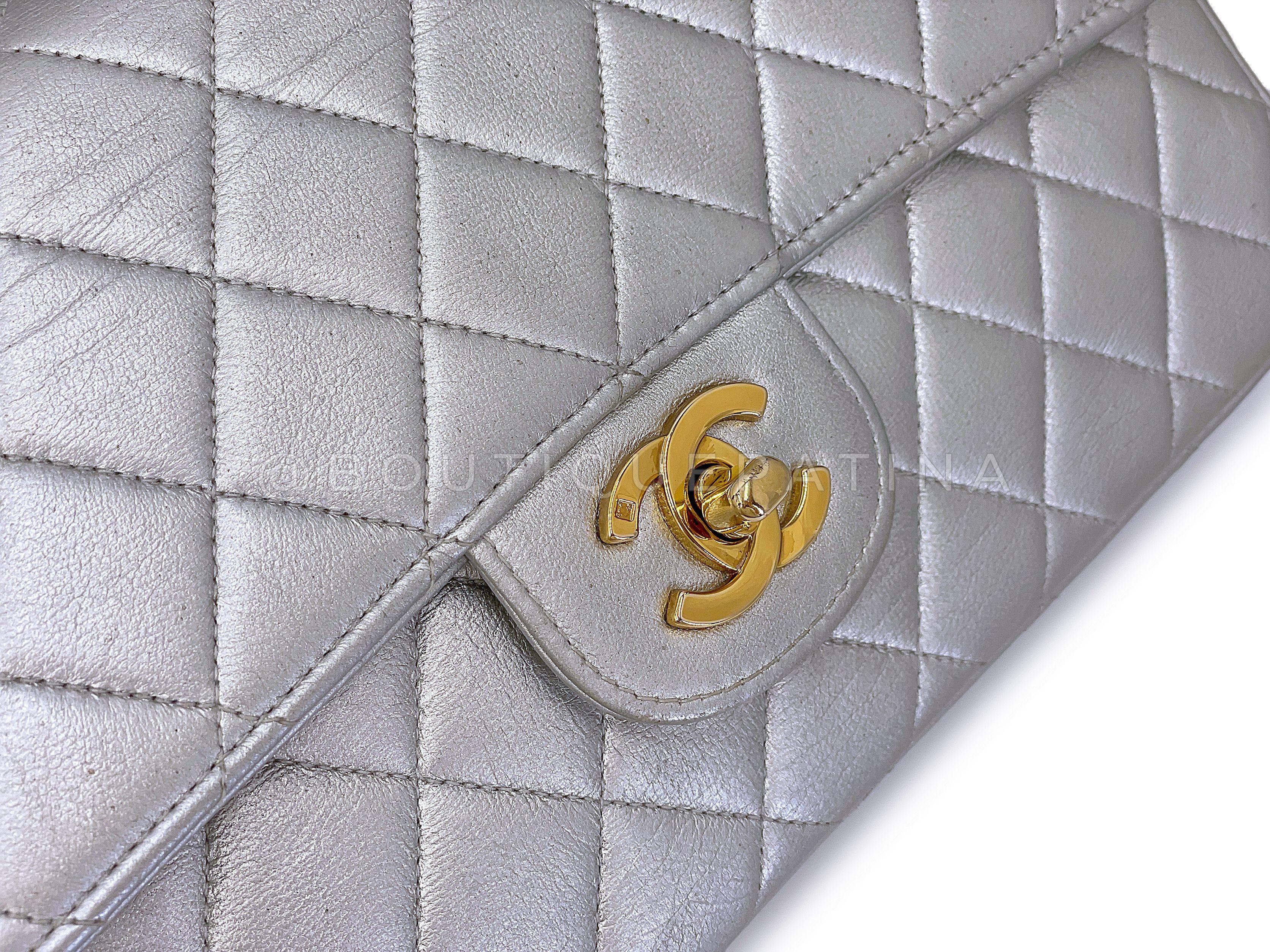 Chanel 1994 Vintage Silver Parent-Child Kelly Flap Bag 24k GHW 67595 For Sale 4