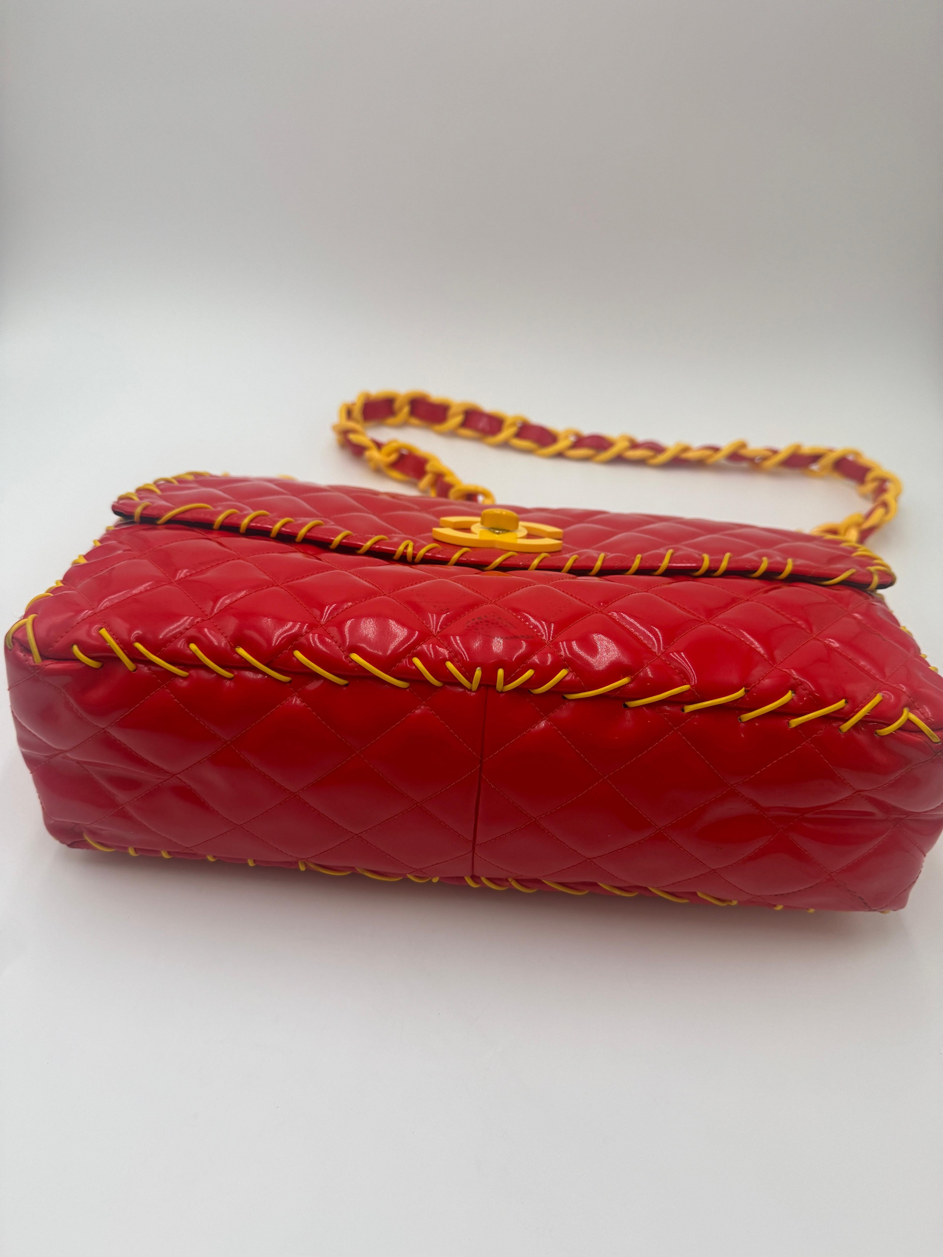 Chanel 1994 Vinyl Maxi Flap Bag in Red with Yellow Details in vendita 5