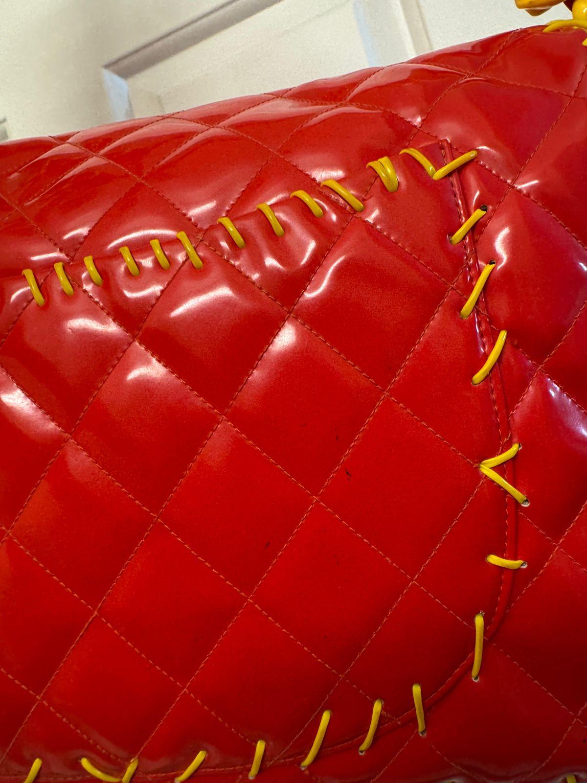 Chanel 1994 Vinyl Maxi Flap Bag in Red with Yellow Details in vendita 11