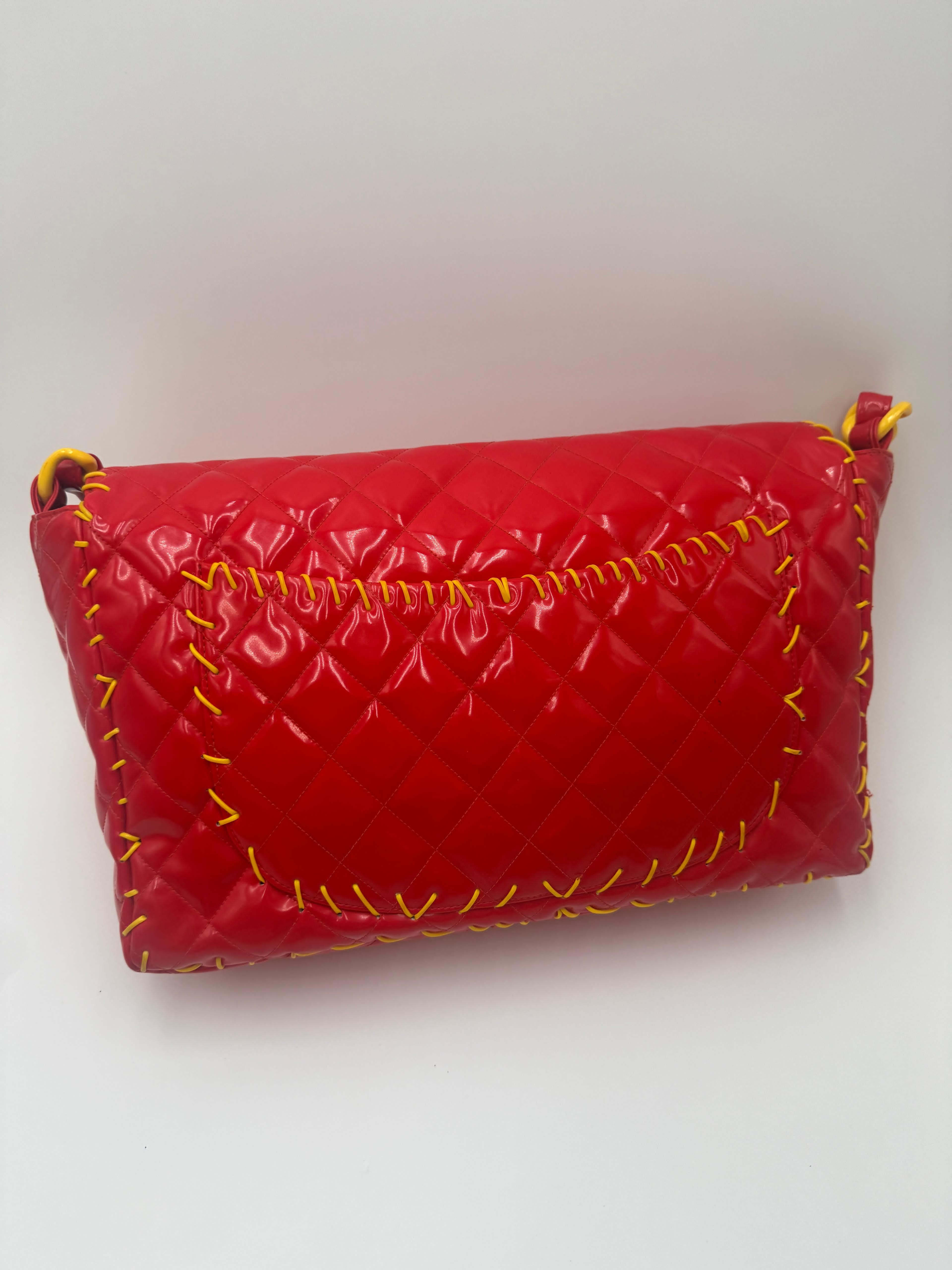 Chanel 1994 Vinyl Maxi Flap Bag in Red with Yellow Details in vendita 1