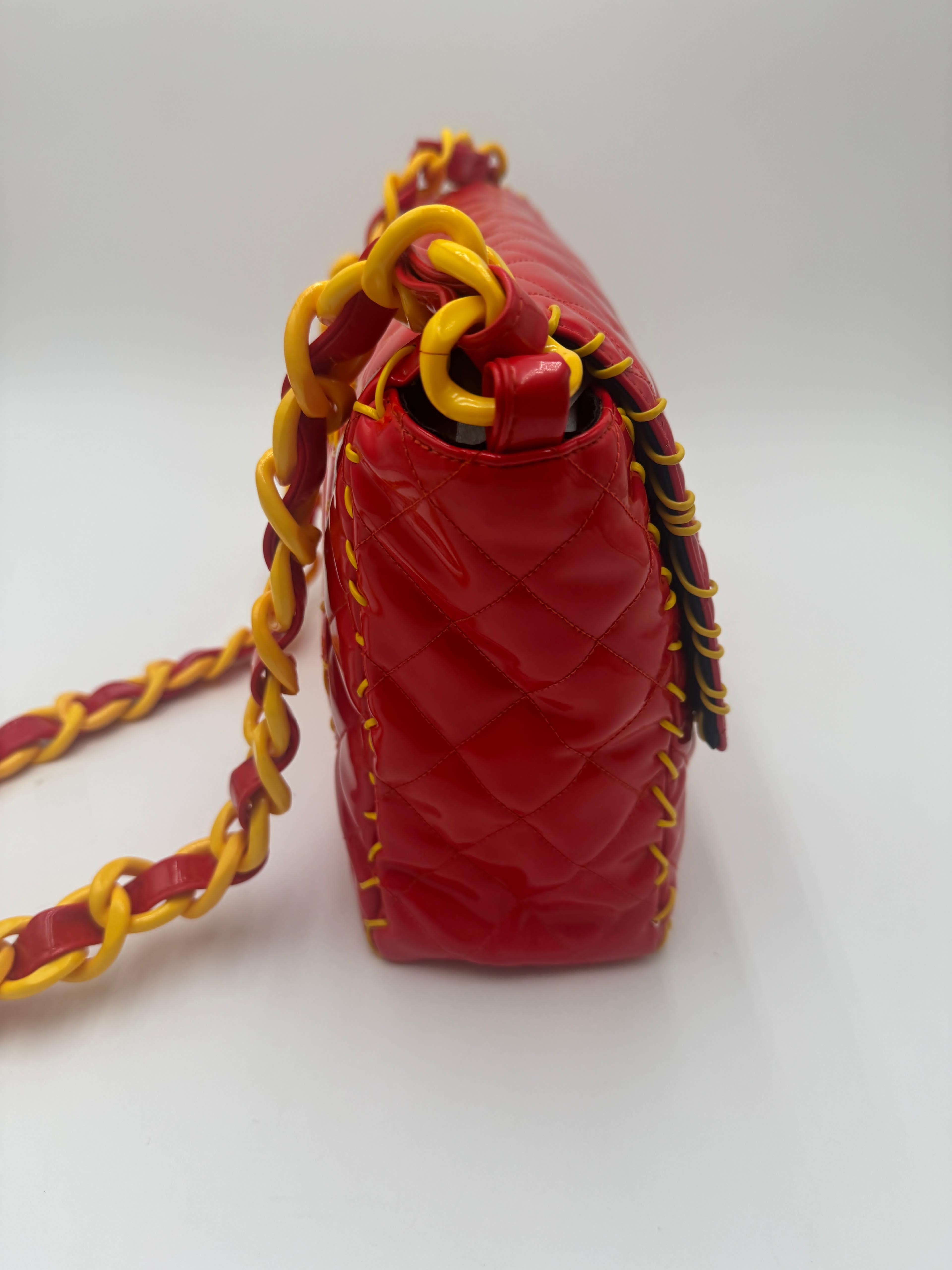 Chanel 1994 Vinyl Maxi Flap Bag in Red with Yellow Details in vendita 3