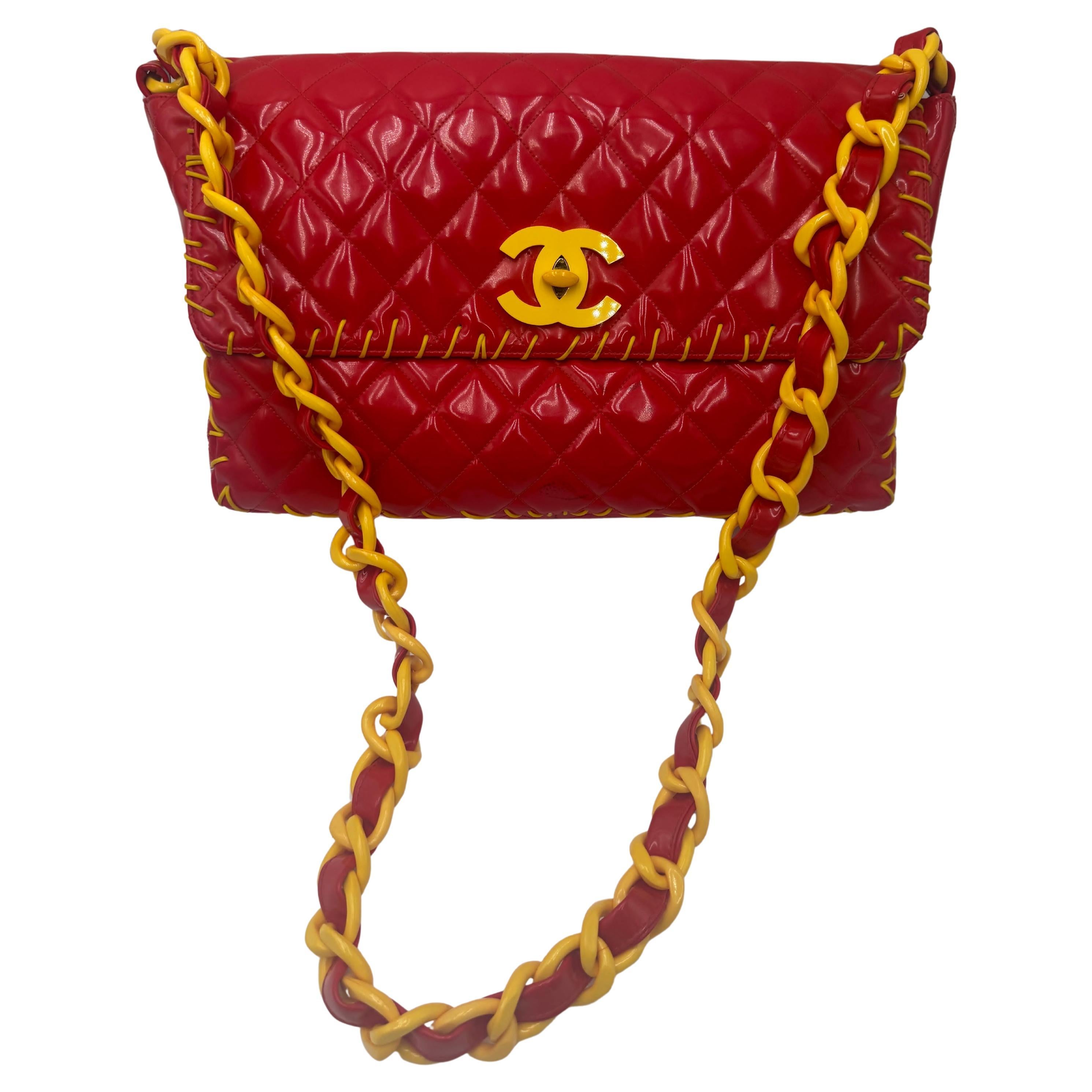 Chanel 1994 Vinyl Maxi Flap Bag in Red with Yellow Details in vendita