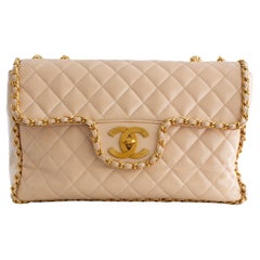 Chanel 1995 Barbie Beige 24K Gold Chain Around Patent Lambskin Jumbo XL 95P Bag