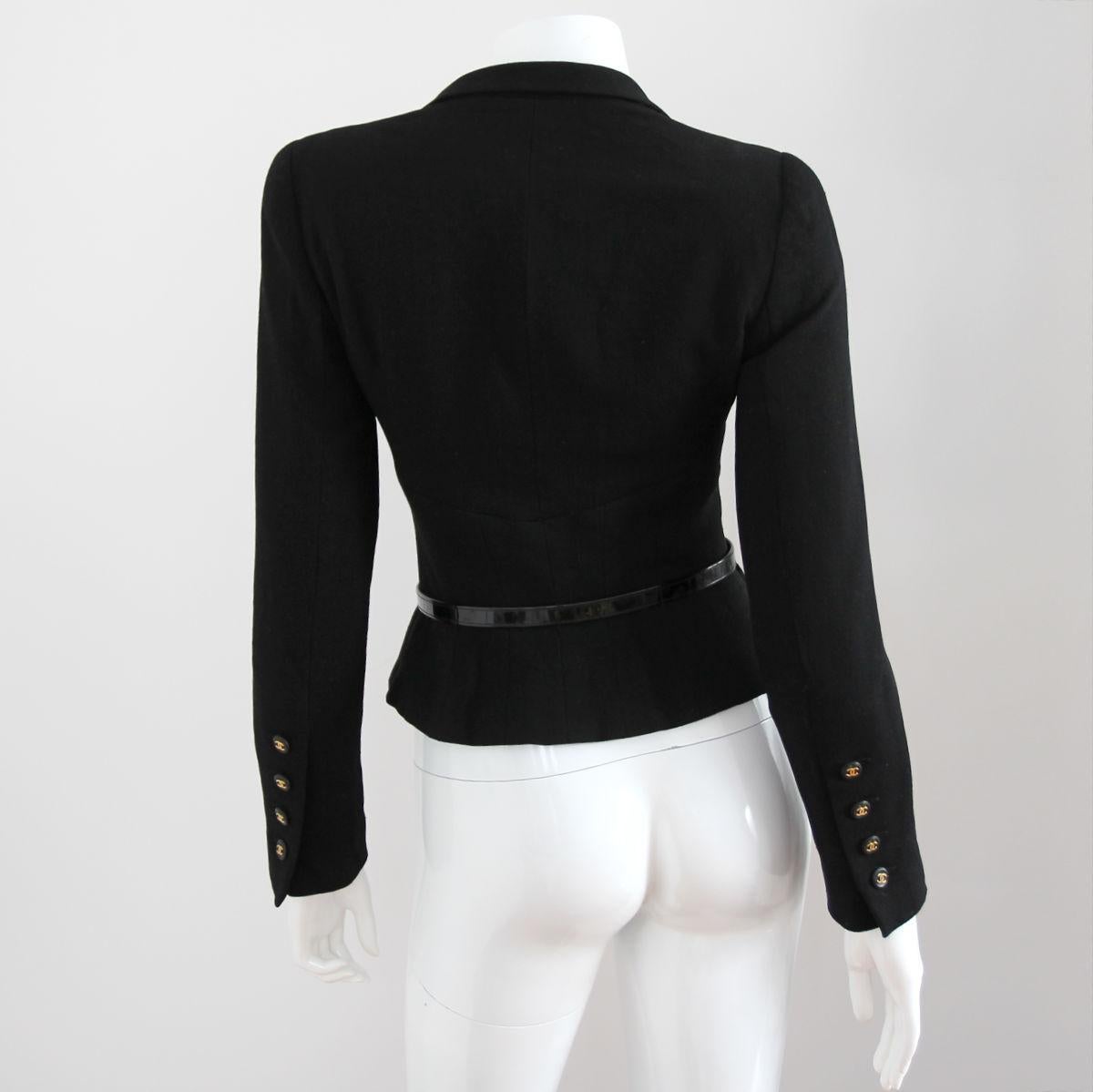 Women's CHANEL 1995 Black Jacket with Patent Leather Belt & CC Buttons by Karl Lagerfeld