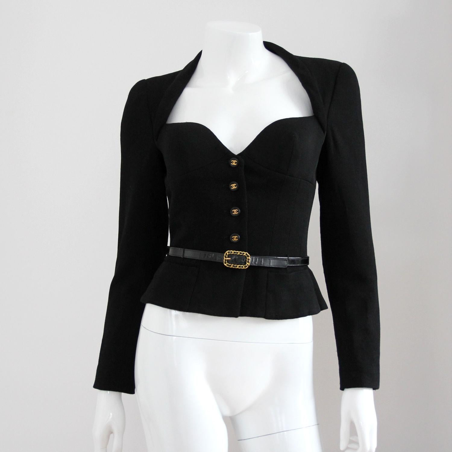 CHANEL 1995 Black Jacket with Patent Leather Belt & CC Buttons by Karl Lagerfeld 2