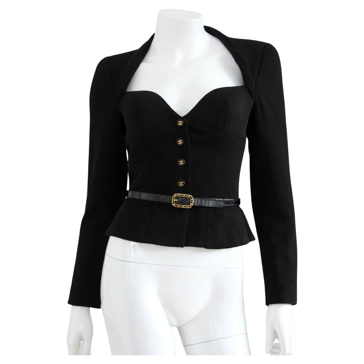 CHANEL 1995 Black Jacket with Patent Leather Belt & CC Buttons by Karl Lagerfeld