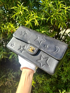 CHANEL 1995 Black Lambskin Leather Gold Galaxy Star Moon Shoulder Flap Bag
