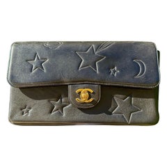 CHANEL 1995 Black Lambskin Leather Gold Galaxy Star Moon Shoulder Flap Bag