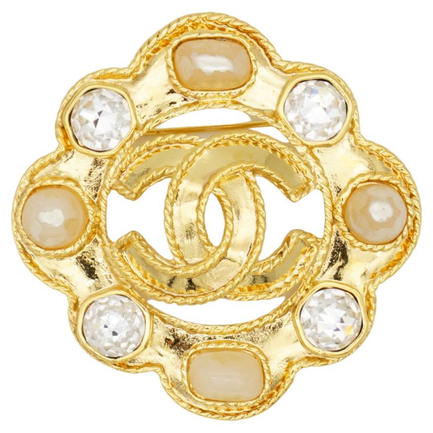Chanel 1995 Coco Large Gripoix Pink Pearls Crystals Openwork Logo CC Gold Brooch For Sale