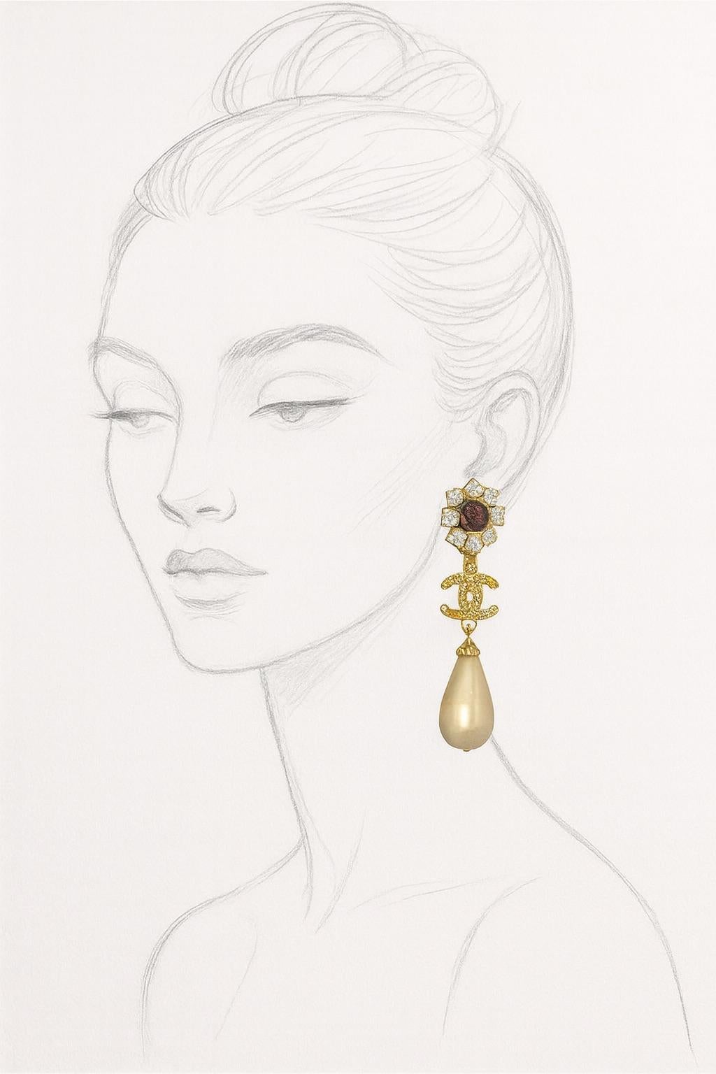 Chanel 1995 Automne Boucles d'oreilles Clip-On Logo CC en cristal doré et fausses perles en vente 8